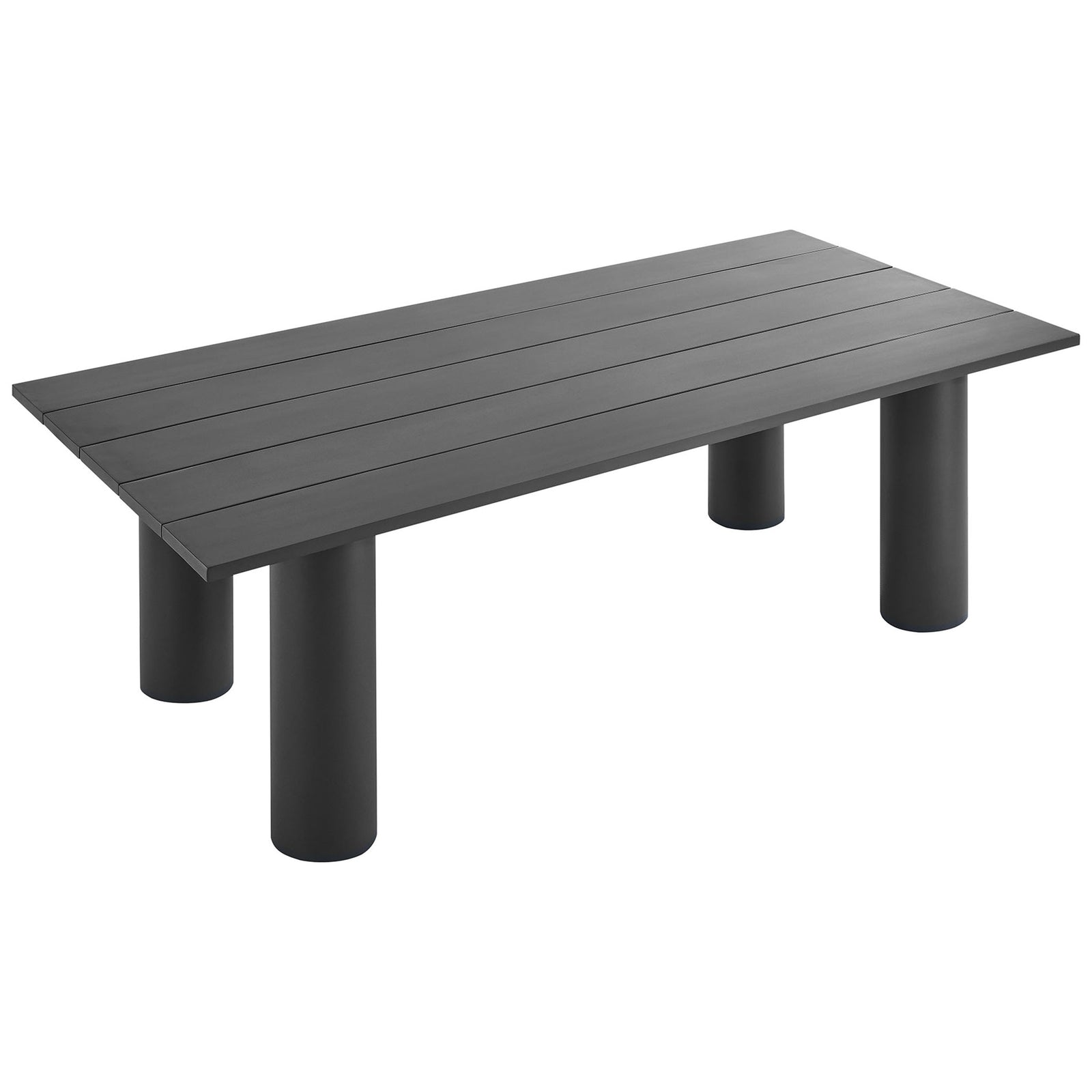 Low profile graphite outdoor dining table with clean lines, wide slats, and thick round legs for contemporary style || EEI-6980-GPH || front_angle_studio