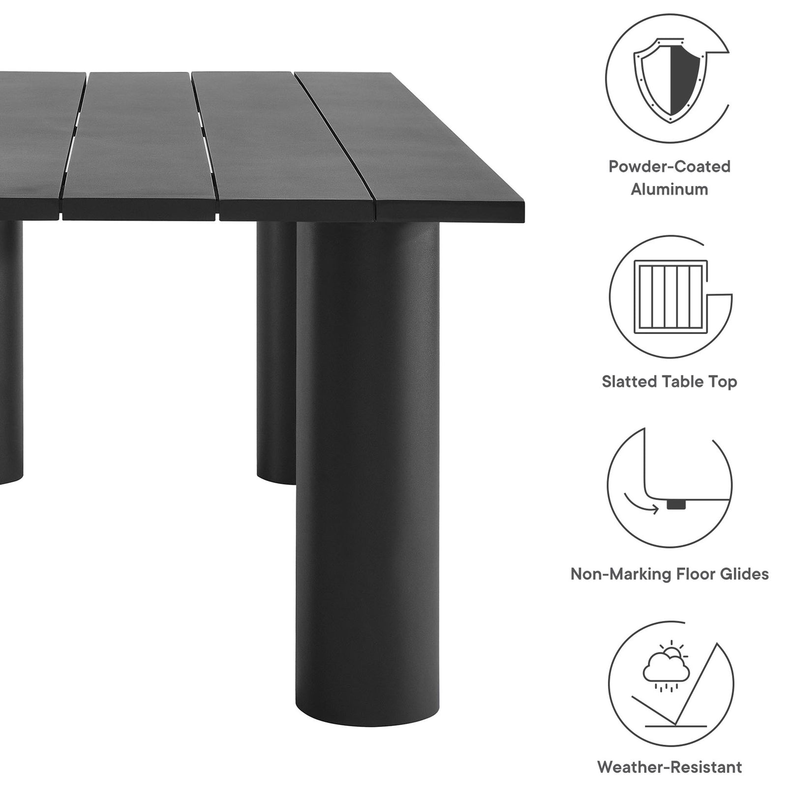 Graphite Nautica dining table with slatted top, powder coated aluminum frame, and weather resistant construction || EEI-6980-GPH || callout_studio