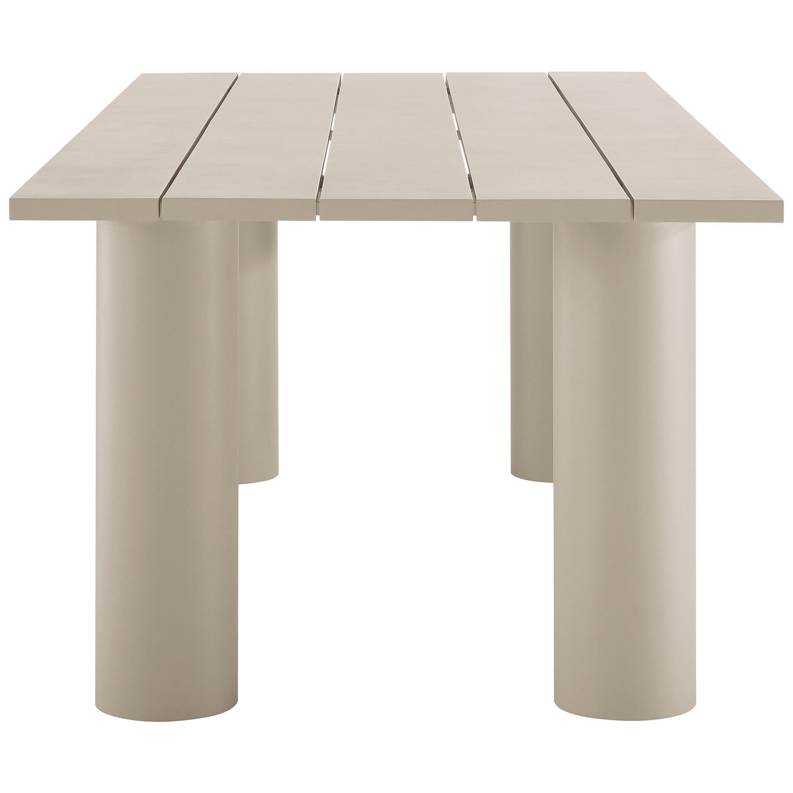 Taupe aluminum patio table with generous overhang and chunky cylindrical legs for a bold, sculptural silhouette || EEI-6980-TAU || side_studio