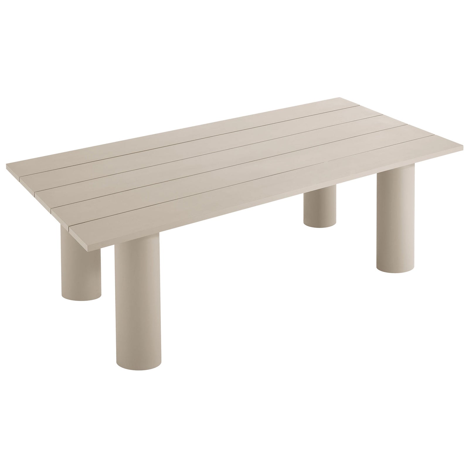 Low profile taupe outdoor dining table with wide planks and rounded legs creating a soft, inviting modern look || EEI-6980-TAU || front_angle_studio