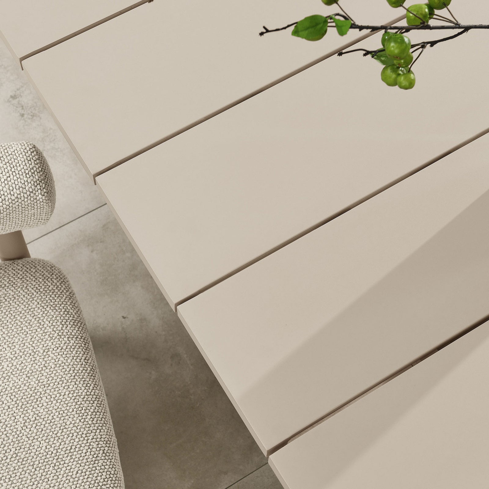 Taupe slatted tabletop with soft matte finish, styled with greenery and decor above light stone tile flooring || EEI-6980-TAU || detail_room