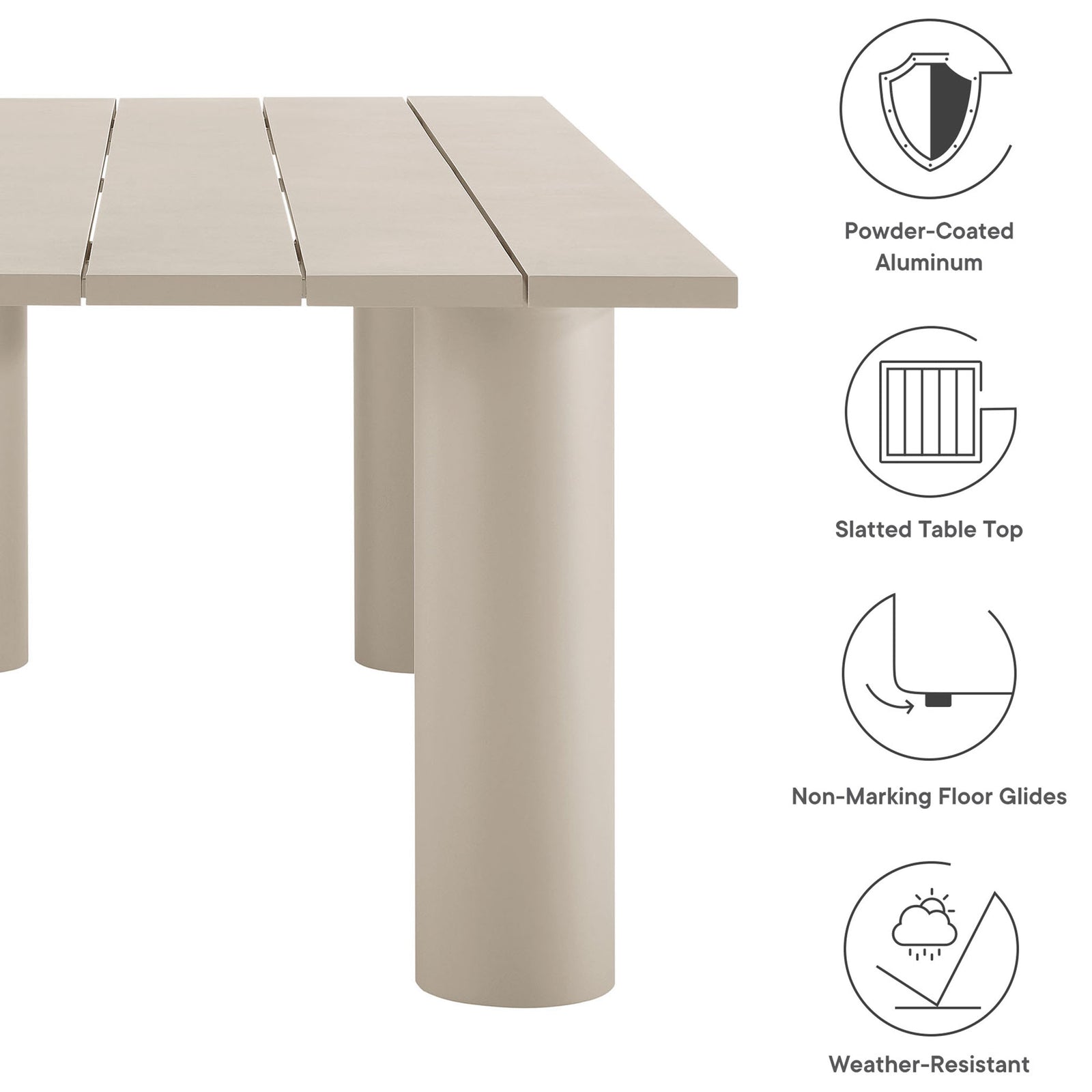 Taupe Nautica dining table with slatted top, powder coated aluminum frame, and weather resistant, floor friendly design || EEI-6980-TAU || callout_studio