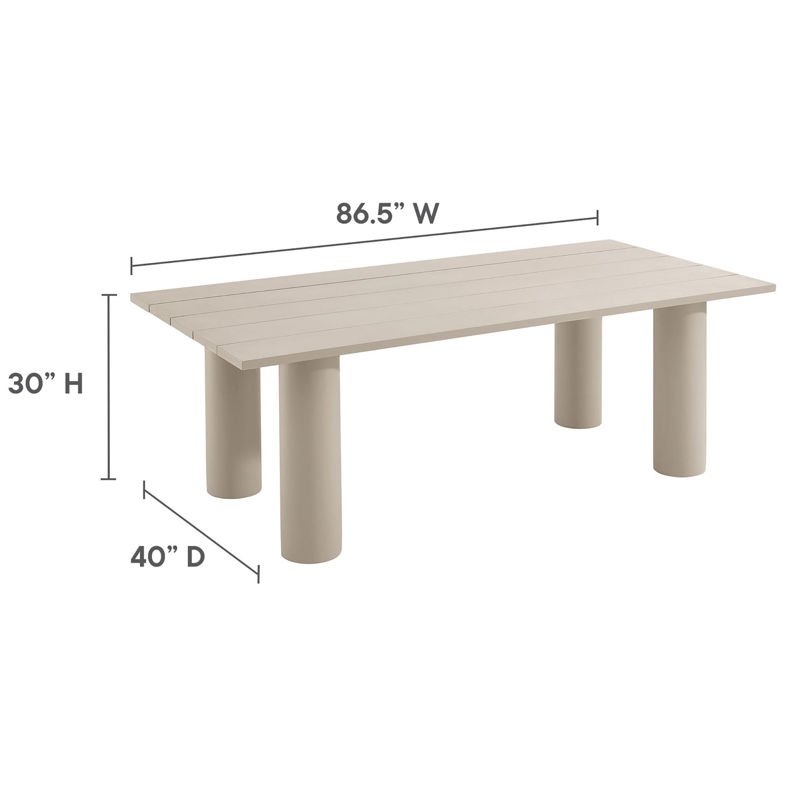 Taupe rectangular outdoor dining table with slatted top and diagrammed size roughly 87 by 40 by 30 inches || EEI-6980-TAU || dimension_studio
