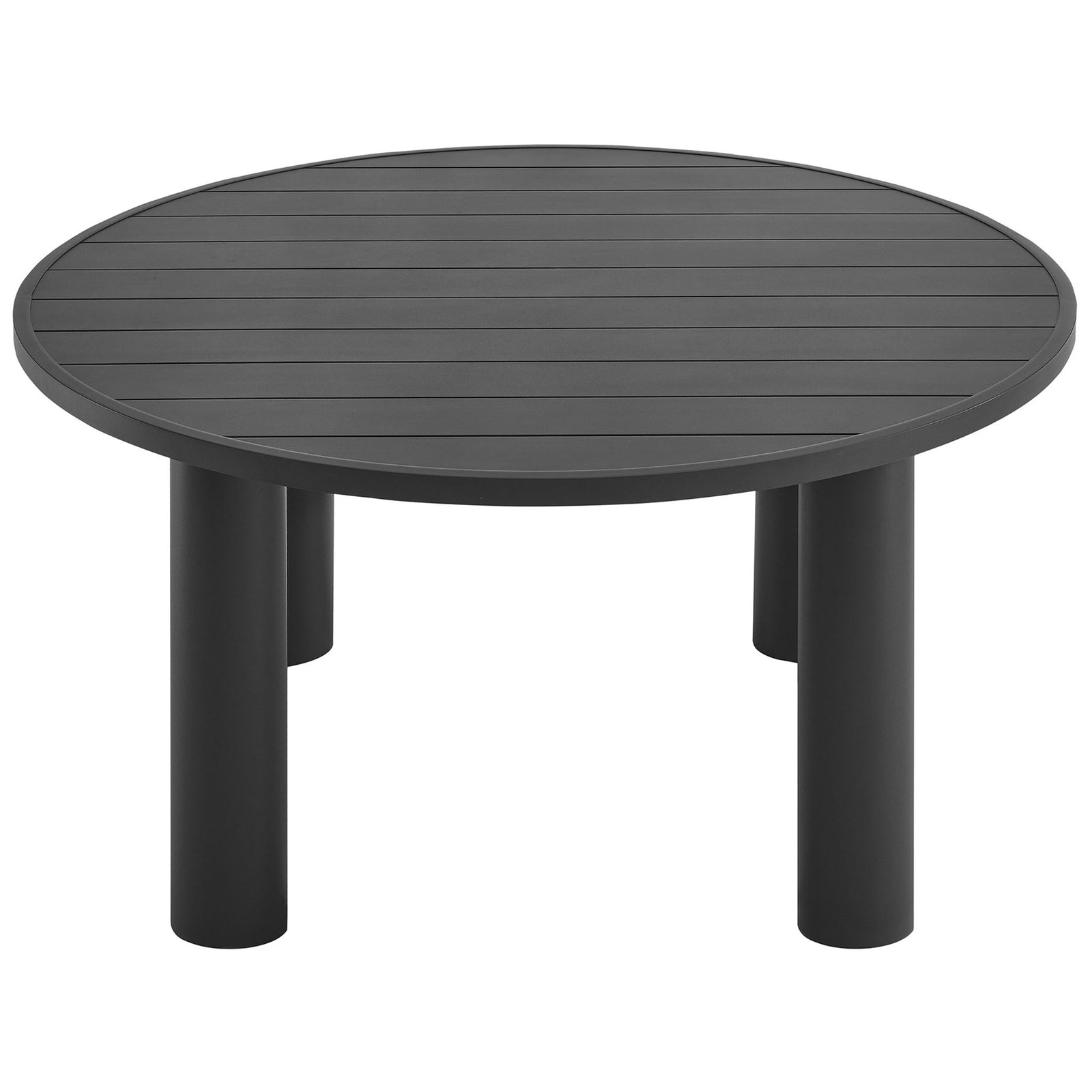 Graphite round dining table highlighting its slatted aluminum top and chunky tubular legs for a bold, modern look || EEI-6981-GPH || front_angle_studio