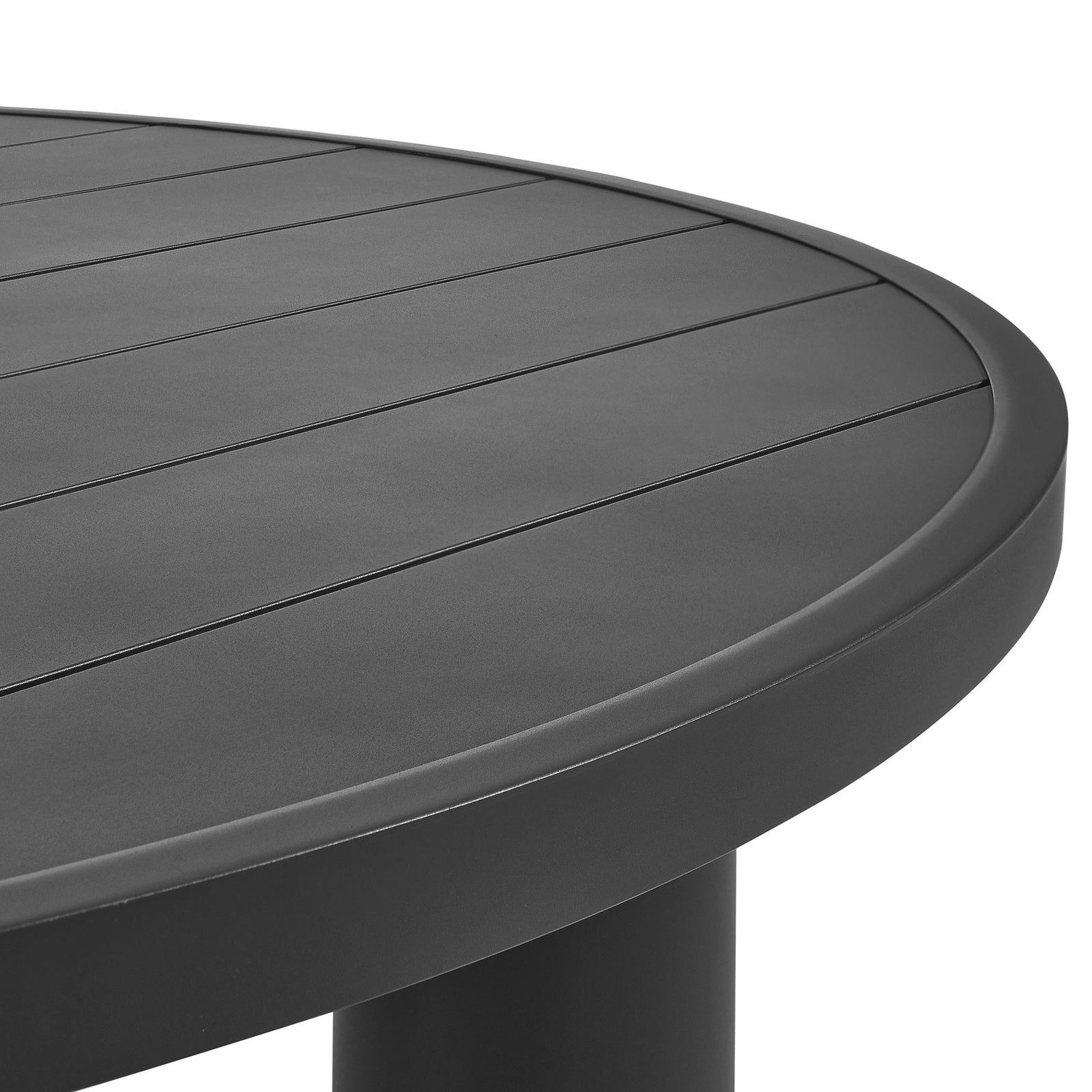 Graphite round tabletop detail showing the smooth rim, fine slats, and durable powder coated aluminum finish || EEI-6981-GPH || detail_studio