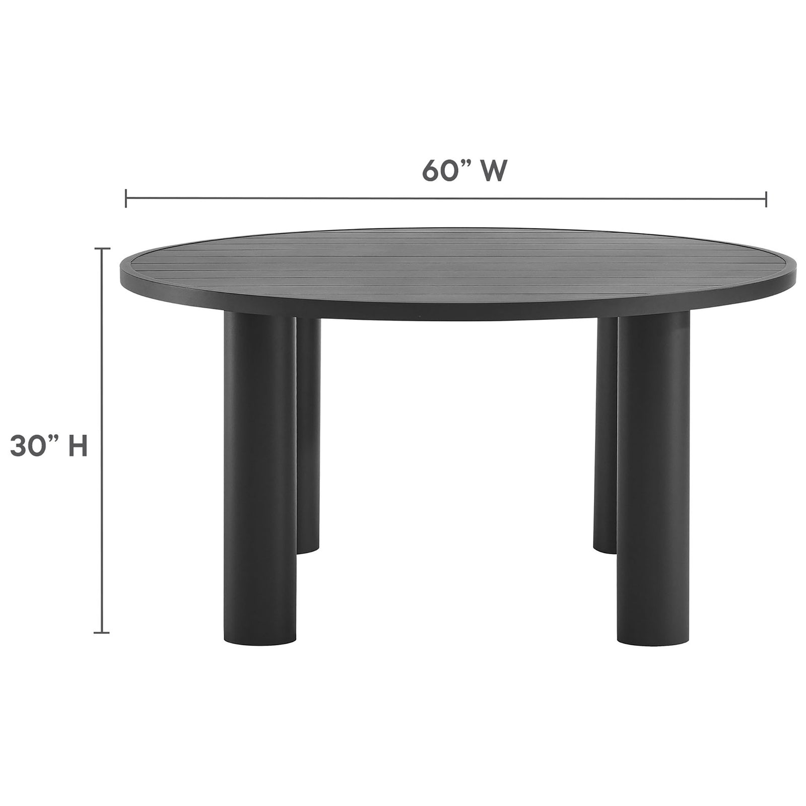 Graphite round patio dining table with slatted top and measurements of 60 inches wide and 30 inches high || EEI-6981-GPH || dimension_studio