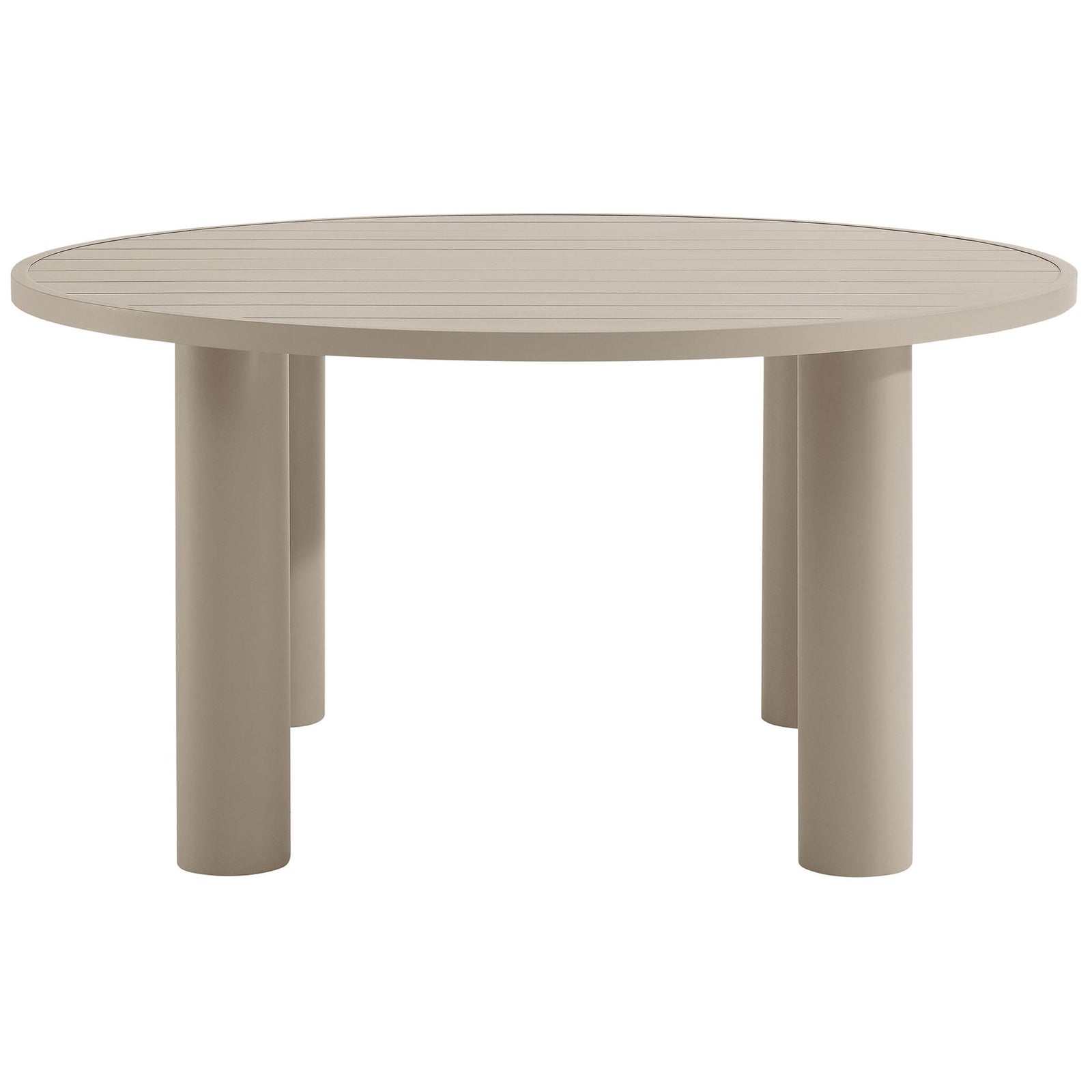 Round taupe aluminum patio dining table with slatted top and sturdy cylindrical legs for relaxed, modern outdoor spaces || EEI-6981-TAU || front_studio