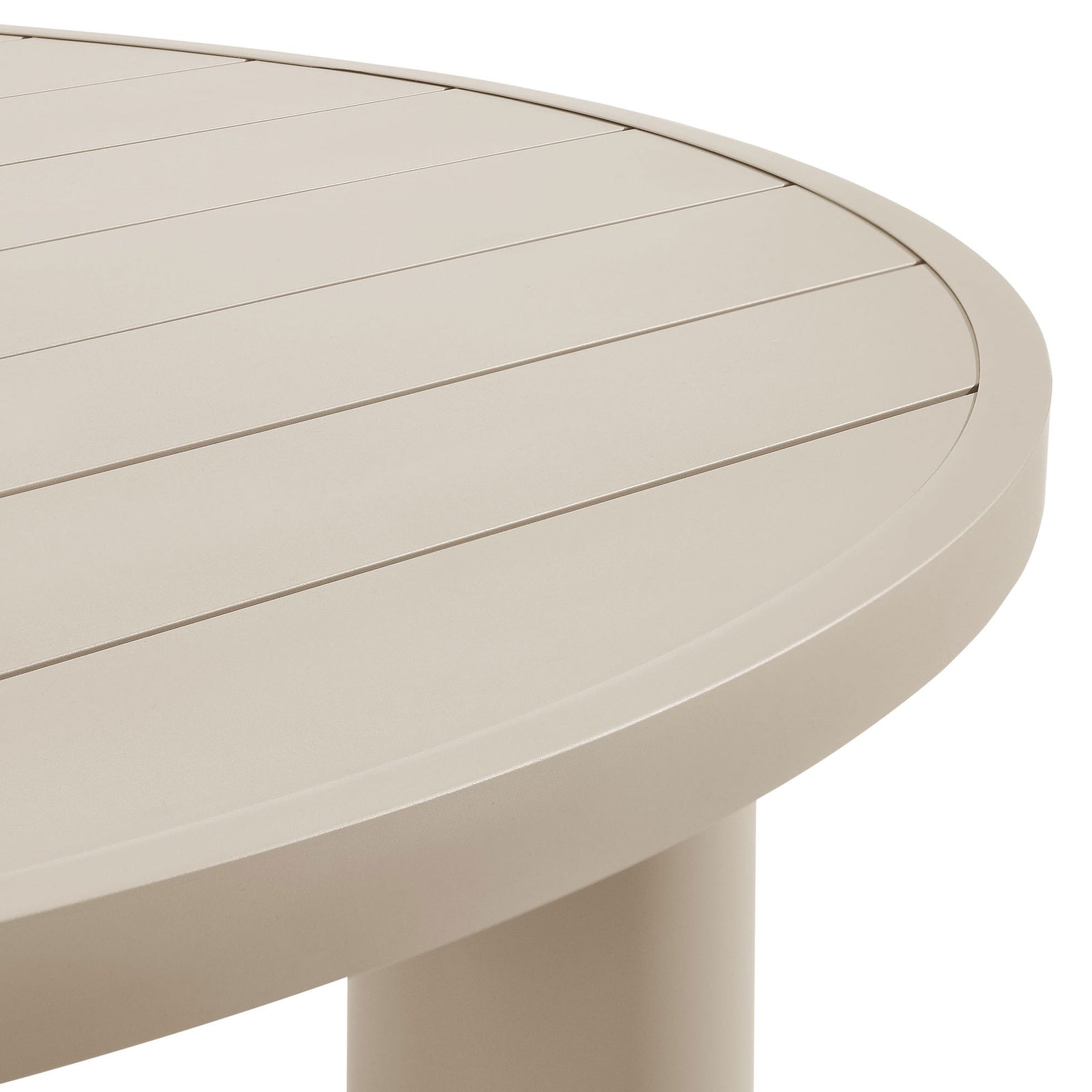 Taupe round tabletop detail with smooth wrapped edge and evenly spaced slats that showcase the refined finish || EEI-6981-TAU || detail_studio
