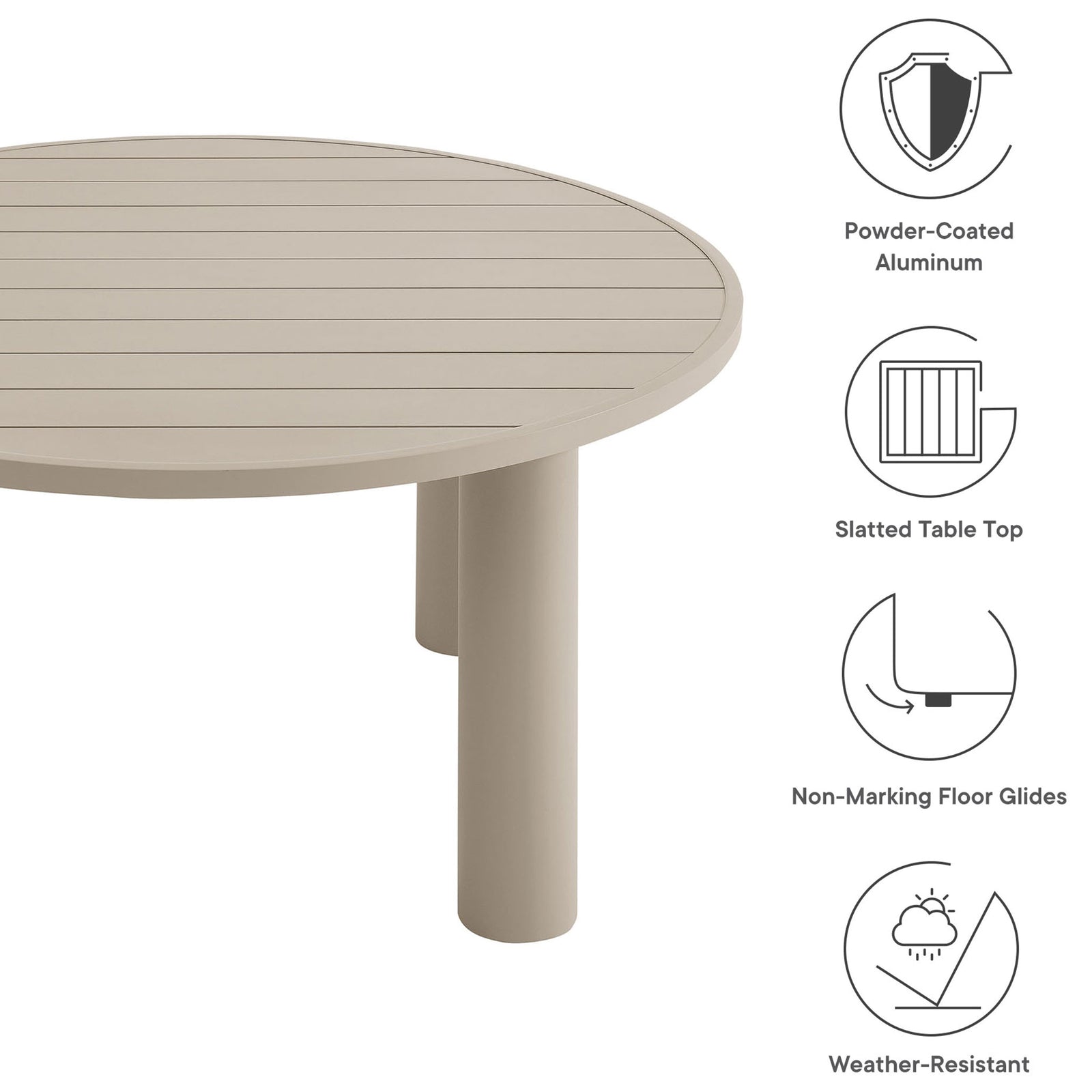 Taupe Nautica dining table with slatted round top, powder coated aluminum frame, and weather resistant construction || EEI-6981-TAU || callout_studio