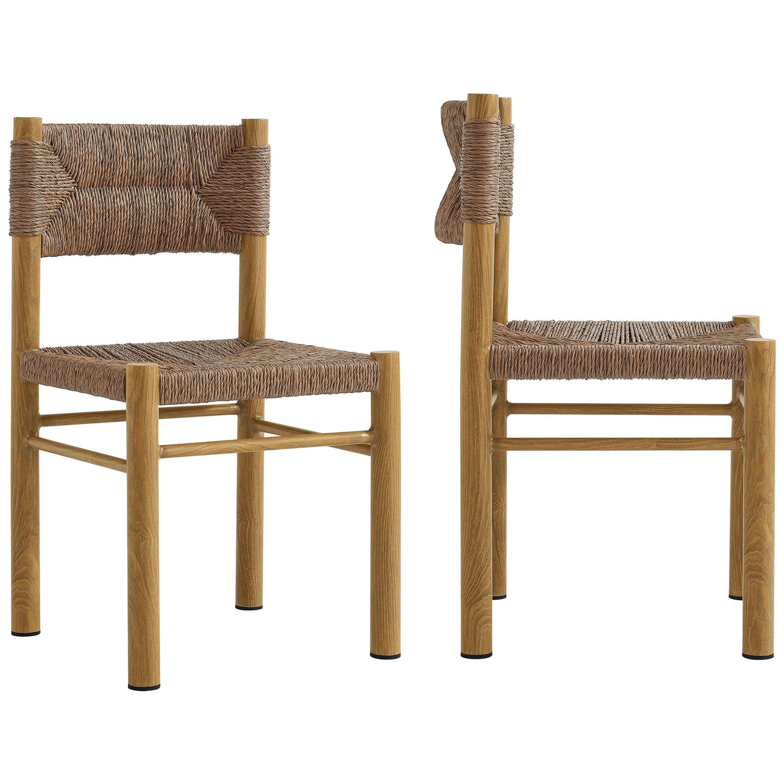 Pair of natural rattan dining chairs with matching woven seats and backs for a coordinated outdoor set || EEI-6982-NAT || front_angle_multi_studio