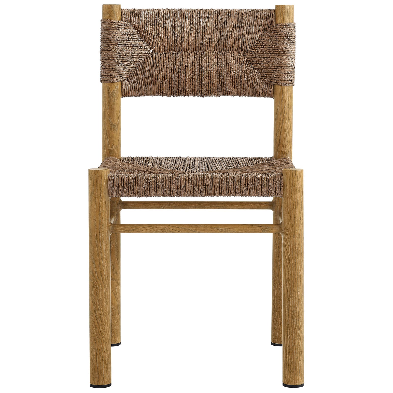 Natural rattan outdoor dining chair with contoured woven backrest and square seat on a wood grain frame || EEI-6982-NAT || front_studio