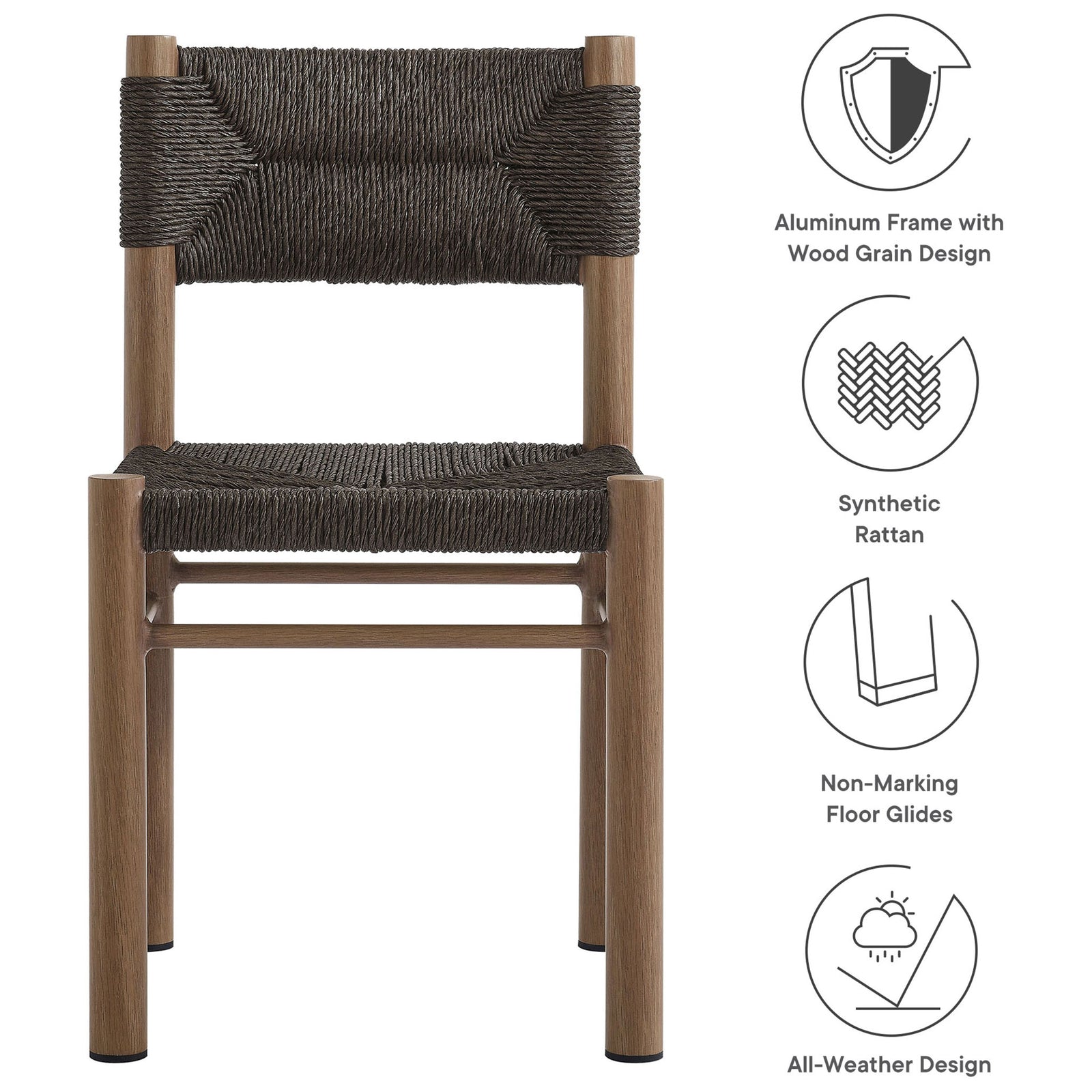 Walnut rattan dining chair with icons highlighting aluminum wood grain frame, synthetic weave, and all weather design || EEI-6982-WAL || callout_studio