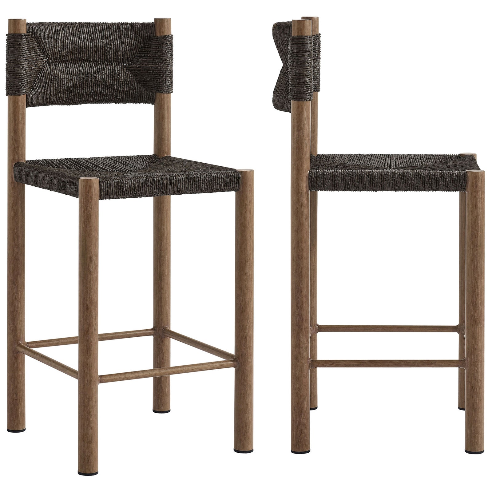 Set of two walnut counter stools with matching woven seats for cohesive bar seating || EEI-6983-WAL || front_angle_multi_studio
