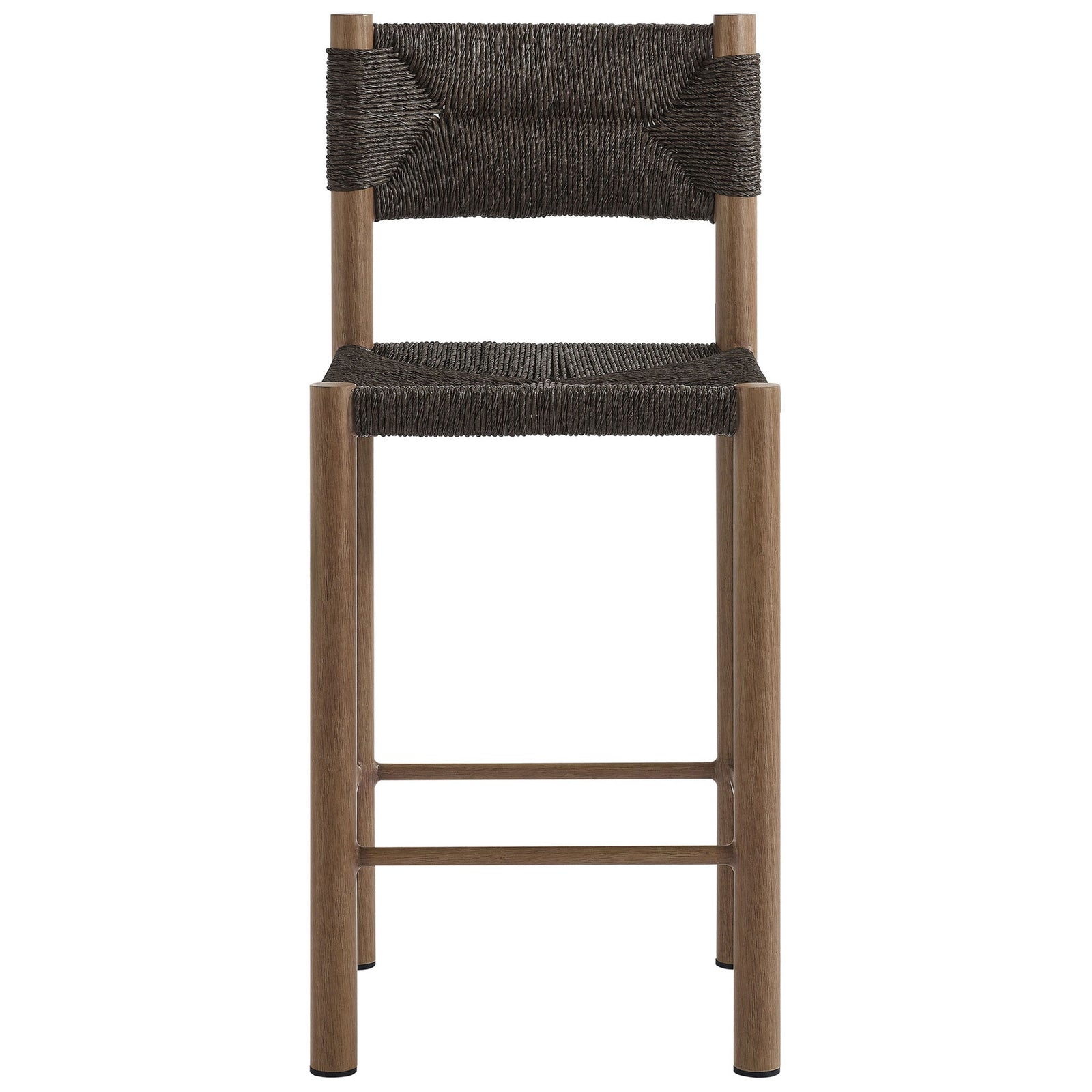 Walnut-tone woven counter stool with dark rattan seat and warm wood-grain legs || EEI-6983-WAL || front_studio