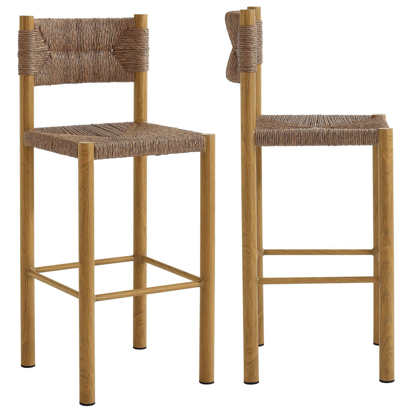 Set of two matching bar stools with breezy woven seats and warm natural frames || EEI-6984-NAT || front_angle_multi_studio