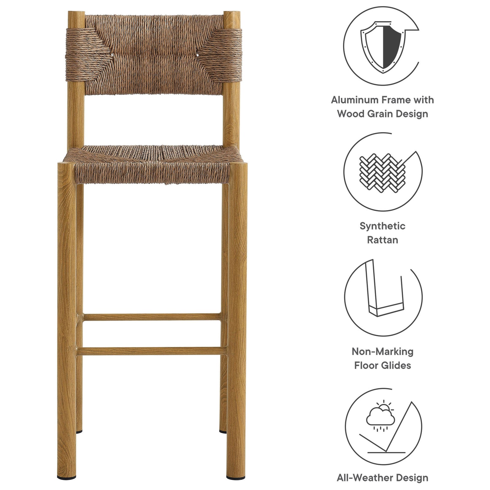 Feature graphic for bar stool highlights aluminum frame, synthetic rattan, all-weather build, and floor glides || EEI-6984-NAT || callout_studio