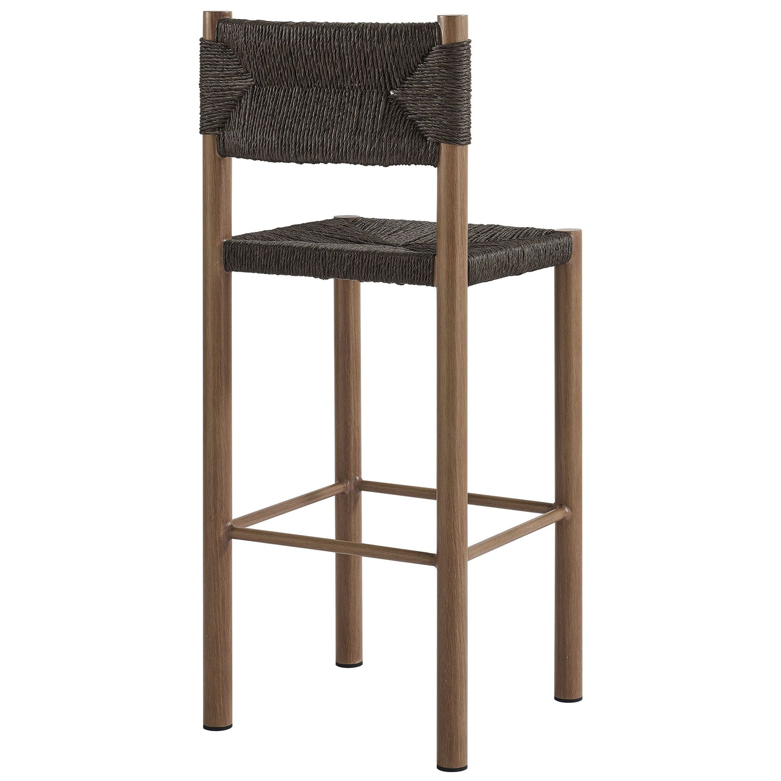 Bar stool back showcases deep rattan weave wrapped around smooth walnut-finish posts || EEI-6984-WAL || back_angle_studio
