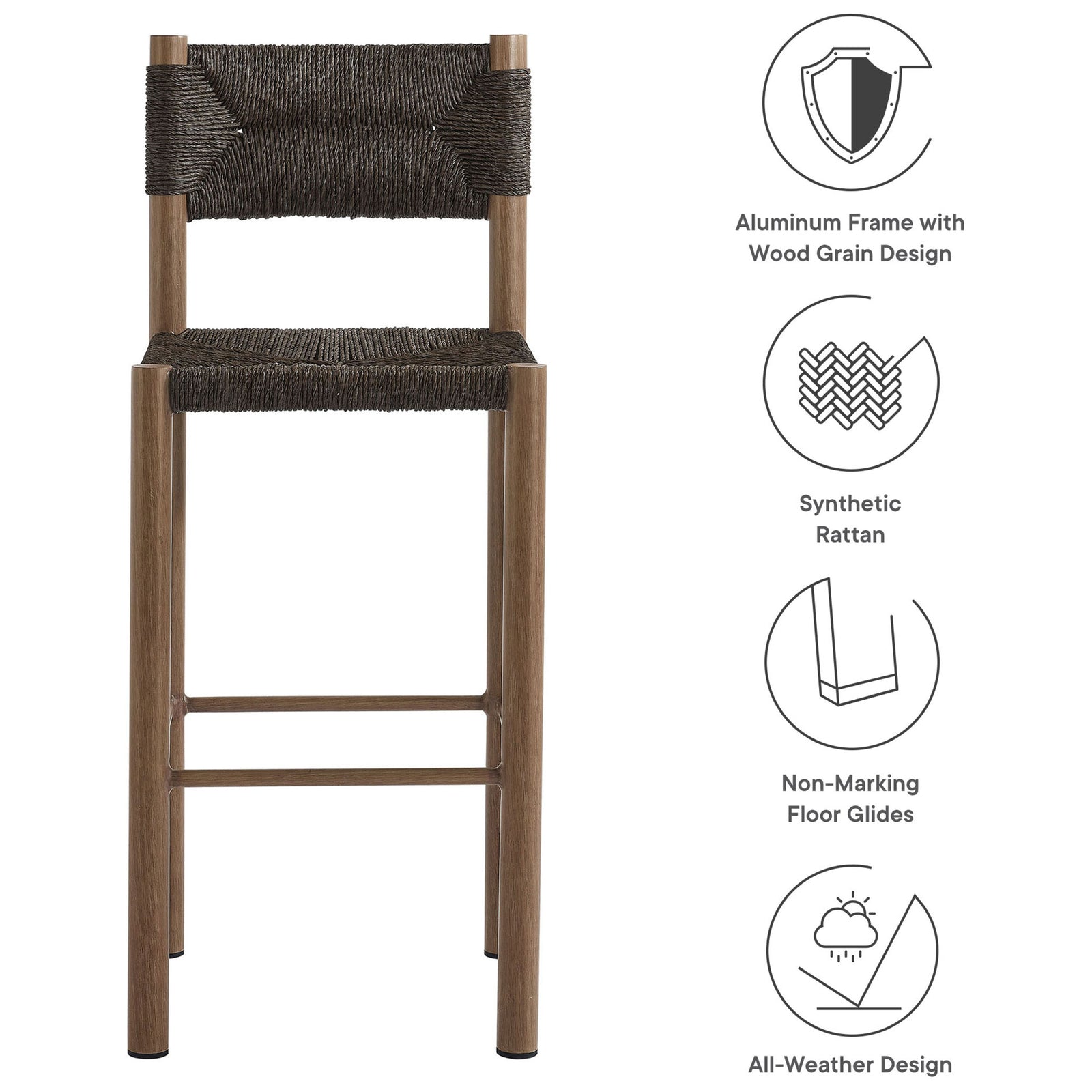 Feature graphic for walnut bar stool highlights aluminum frame, synthetic rattan, and non-marking glides || EEI-6984-WAL || callout_studio