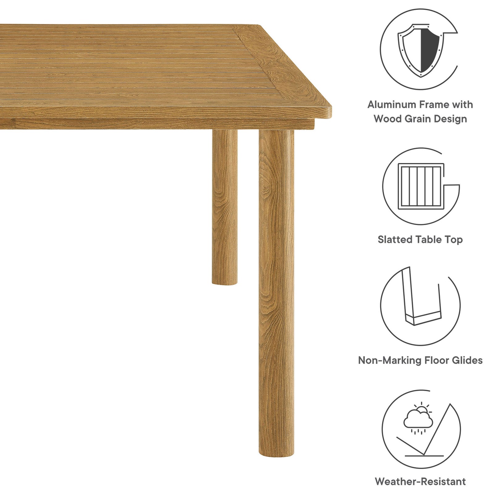 Parkland natural outdoor dining table featuring wood-grain aluminum frame, slatted top, and floor-safe glides || EEI-6985-NAT || callout_studio