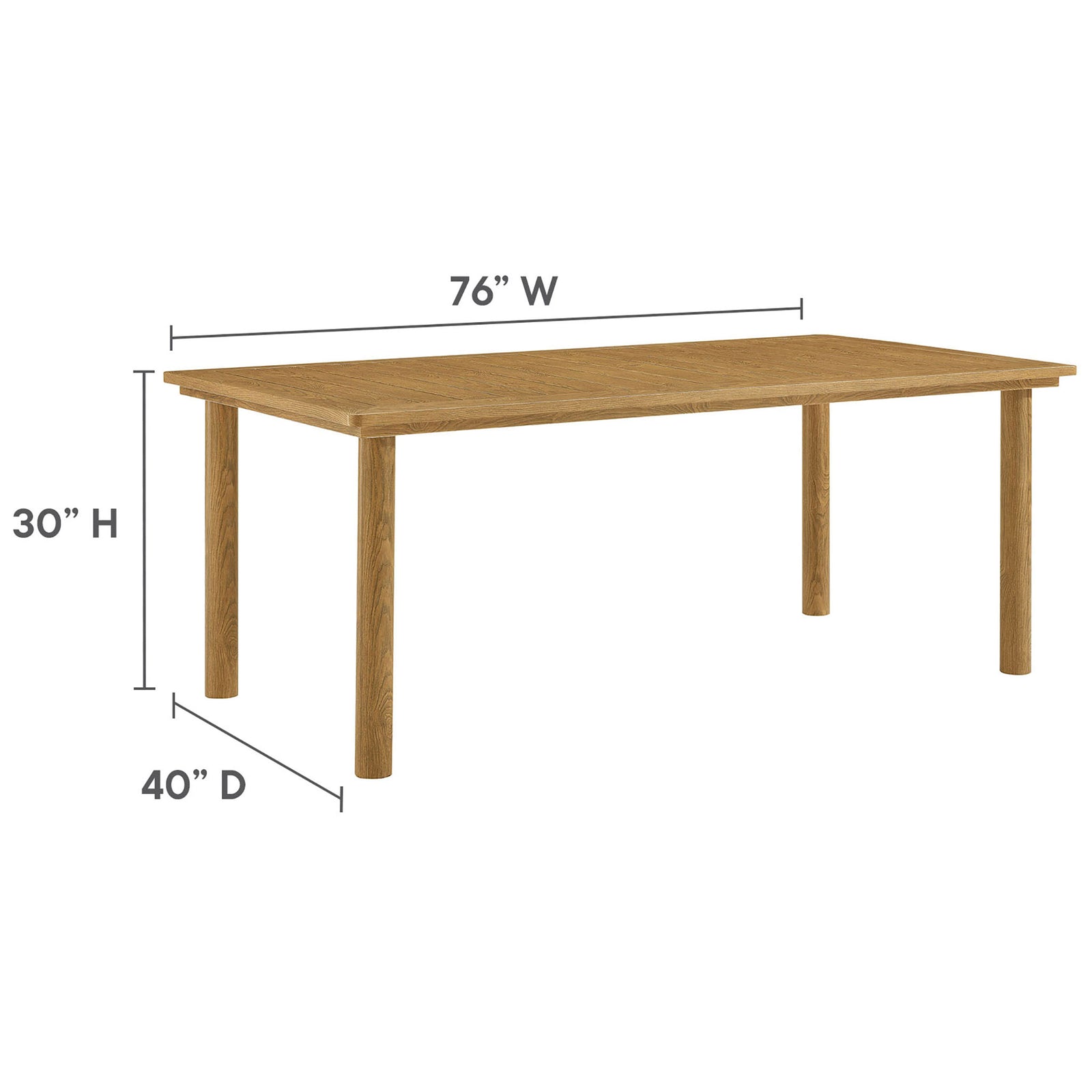 Natural rectangular patio dining table sized 76 by 40 inches to anchor modern outdoor gatherings || EEI-6985-NAT || dimension_studio