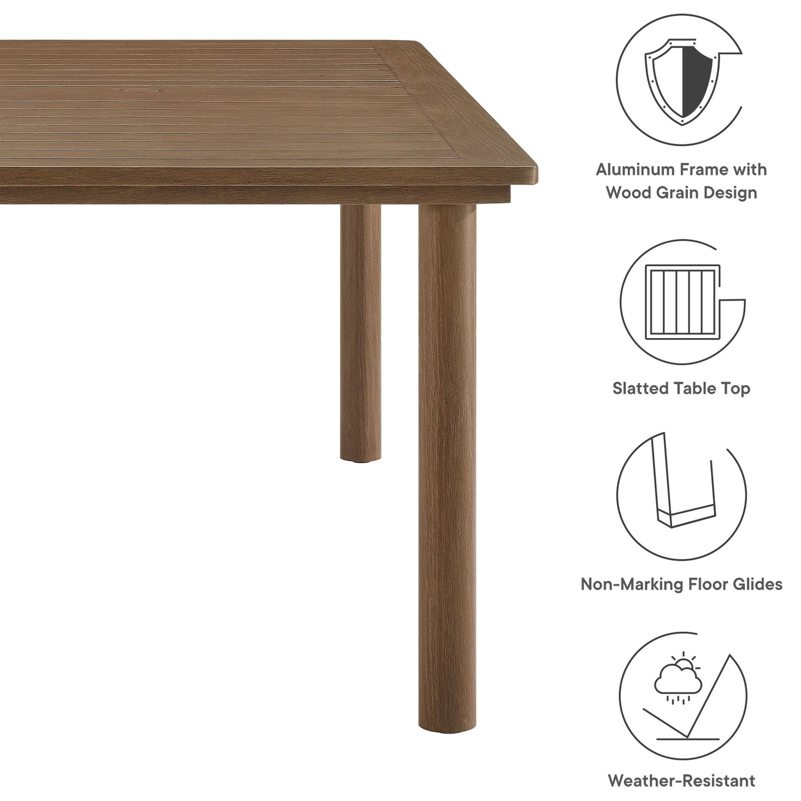 Parkland walnut outdoor dining table with wood-grain aluminum frame, slatted top, and floor-safe glides || EEI-6985-WAL || callout_studio