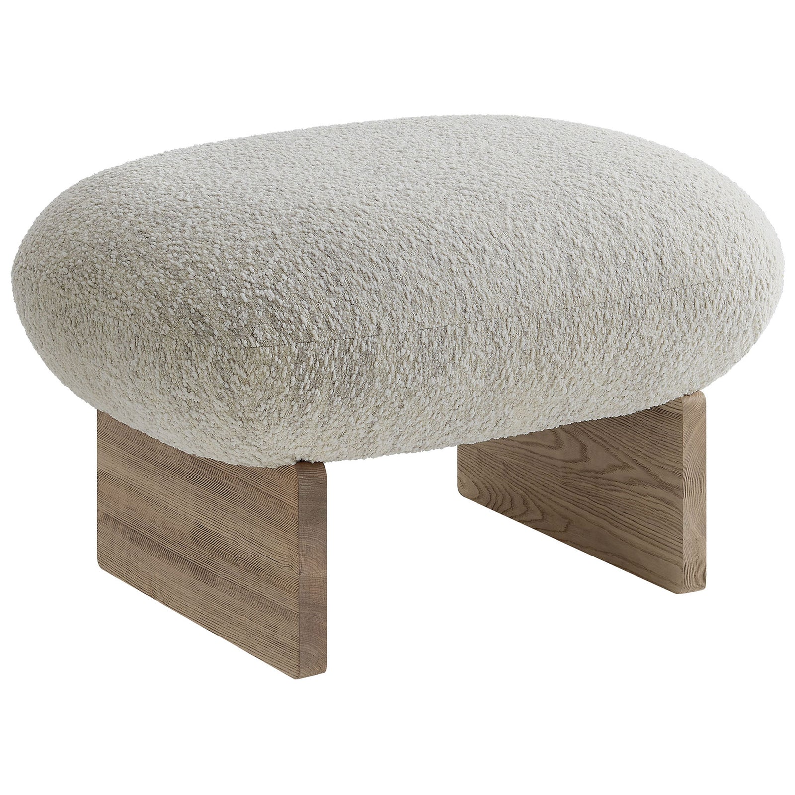 Plush oval ottoman in boucle with wide ash wood pedestal legs for a grounded look || EEI-6988-PRL-OAK || front_angle_partial_studio