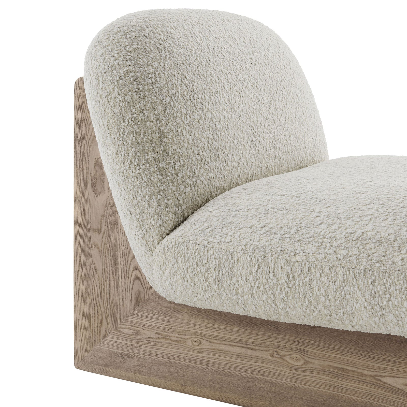 Soft boucle wraps thick foam over a smooth pearl oak base for lounge-worthy comfort || EEI-6988-PRL-OAK || detail_studio