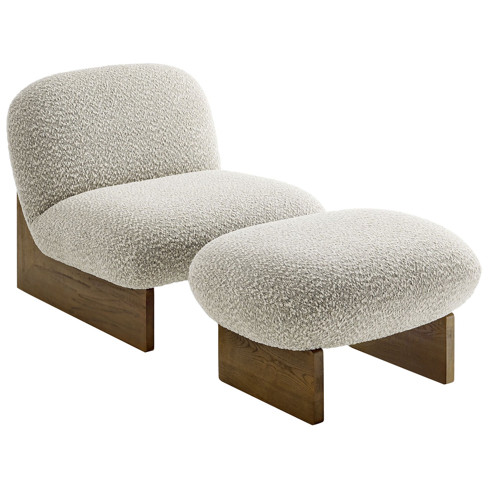 Rounded boucle chair and ottoman with plush cushions and walnut ash wood base || EEI-6988-RIV-WAL || front_angle_studio