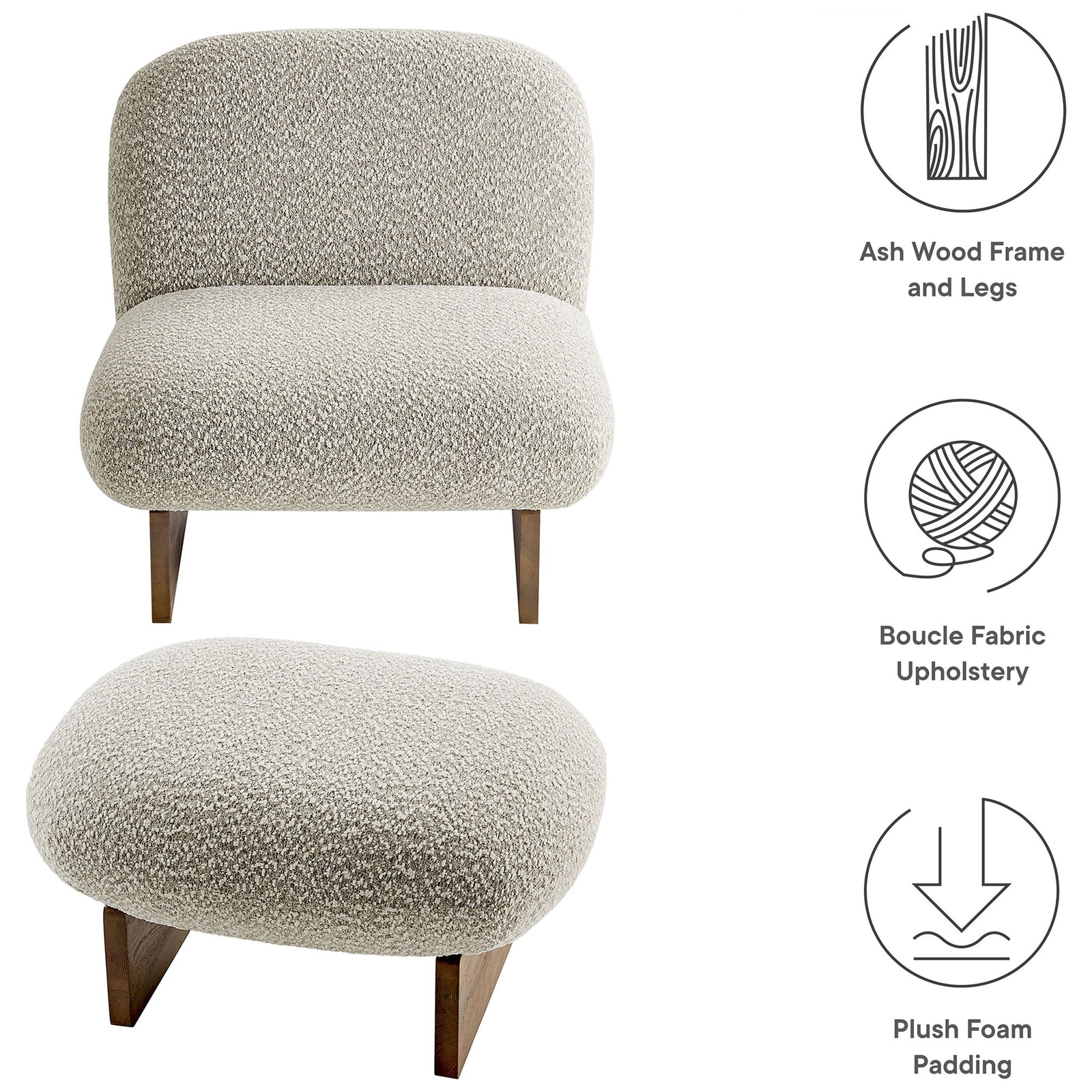 Features plush foam padding, boucle upholstery, and ash wood frame || EEI-6988-RIV-WAL || callout_studio
