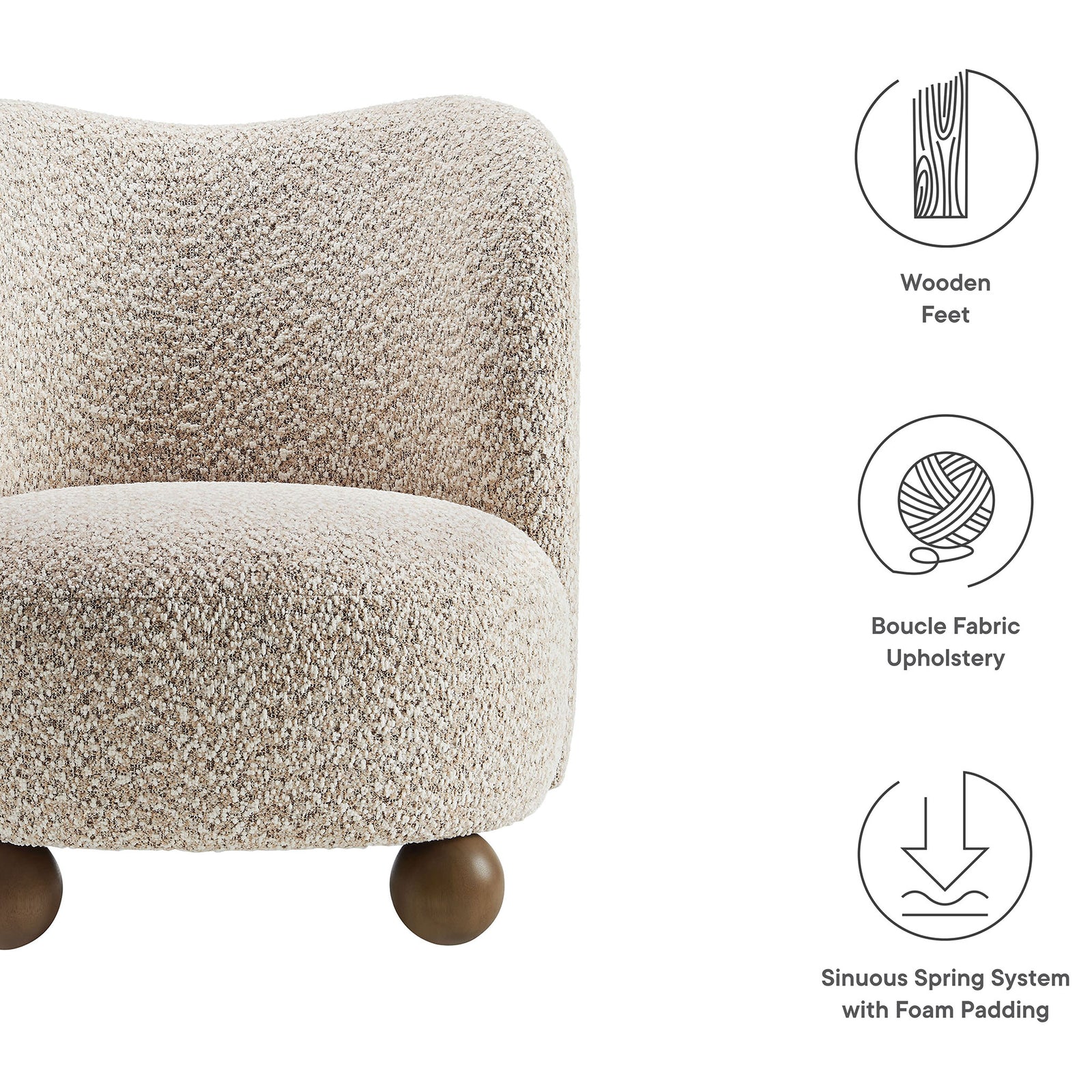 Key features include wooden feet, boucle upholstery, and spring-supported cushioning || EEI-6989-COR-WAL || callout_studio