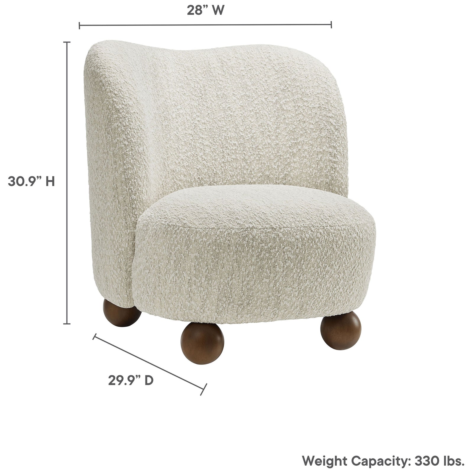 Compact, low-profile accent chair with supportive curves fits small spaces. || EEI-6989-PRL-WAL || dimension_studio