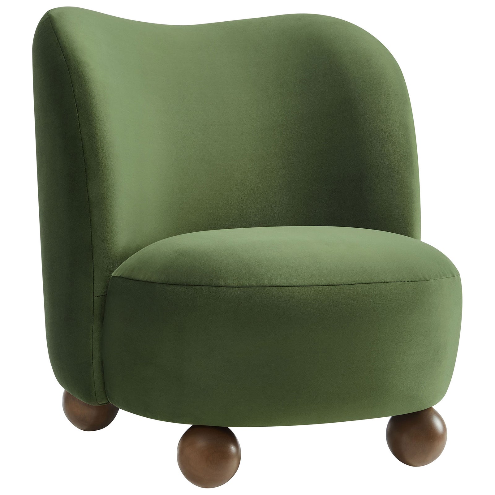 Curved velvet accent chair in moss green with plush seat and walnut ball feet || EEI-6990-MOG-WAL || front_angle_studio