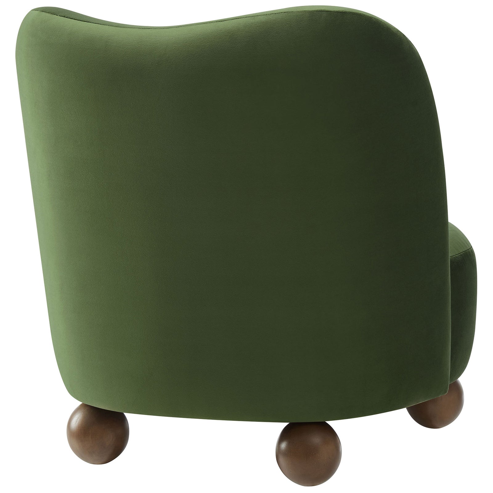 Sculpted wraparound back in moss green performance velvet with rounded walnut feet || EEI-6990-MOG-WAL || back_angle_studio