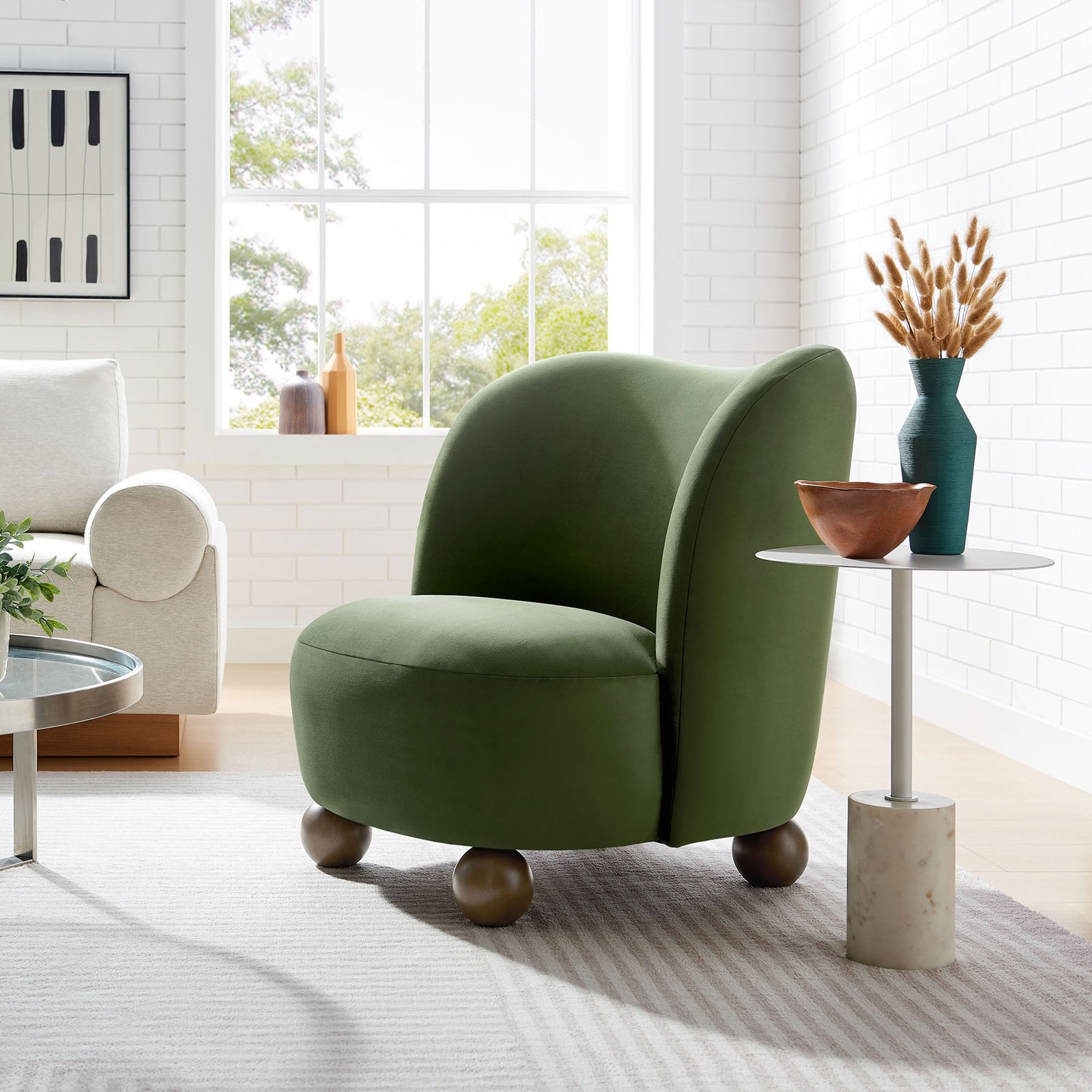 Relax-ready accent chair pairs moss green velvet with warm walnut feet || EEI-6990-MOG-WAL || front_angle_room