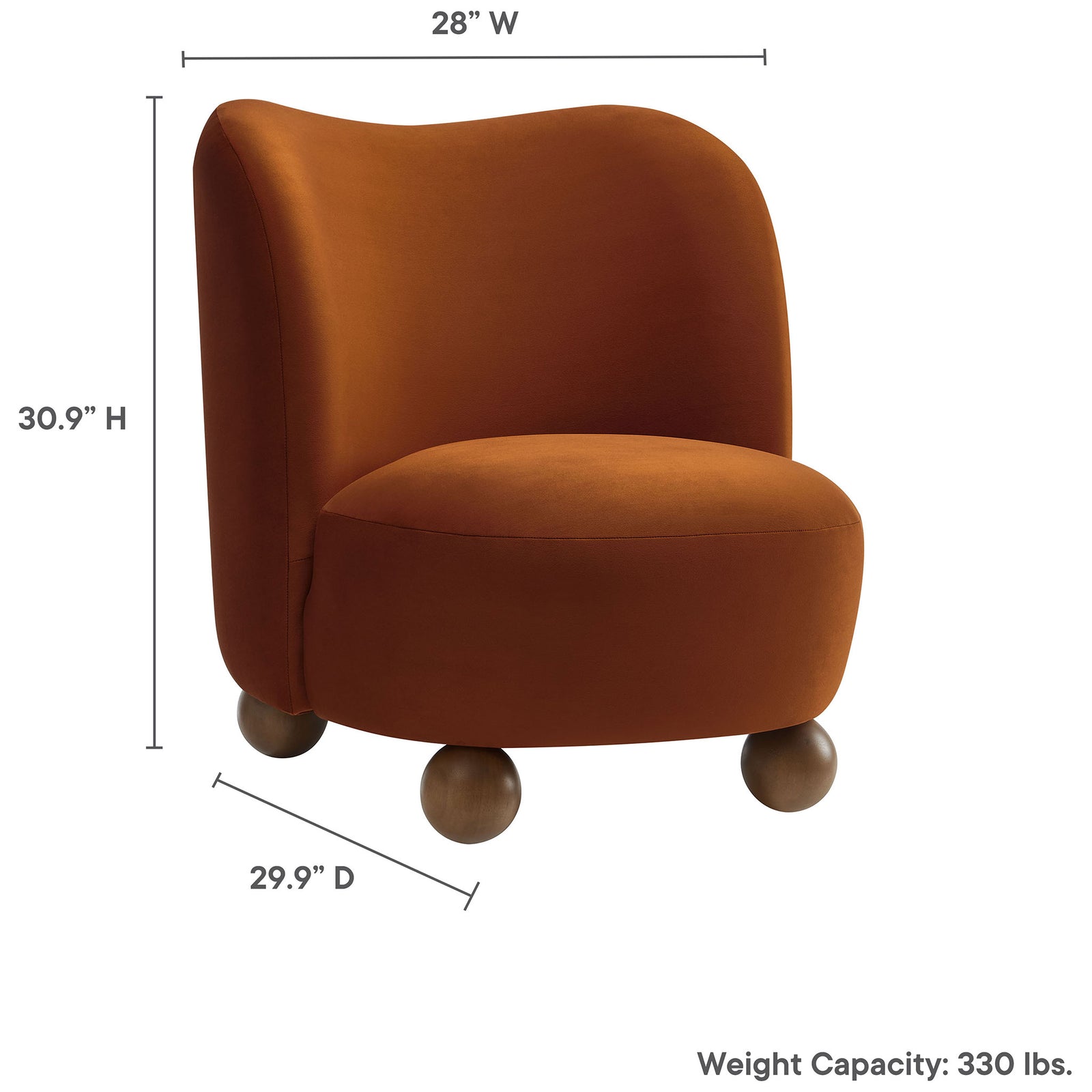 Compact dimensions with generous seat and 330 lb capacity suit versatile seating needs || EEI-6990-RUS-WAL || dimension_studio