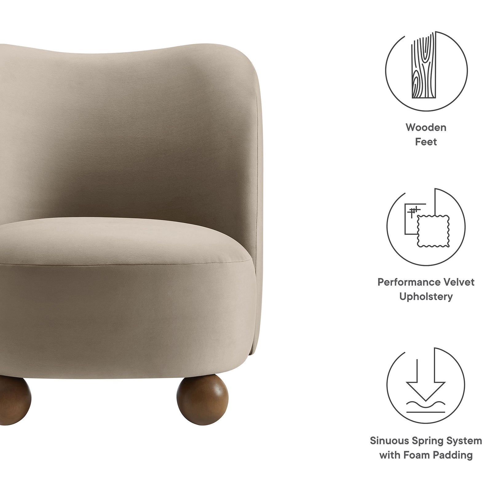 Stain-resistant performance velvet with sinuous spring support and wooden feet || EEI-6990-TAU-WAL || callout_studio