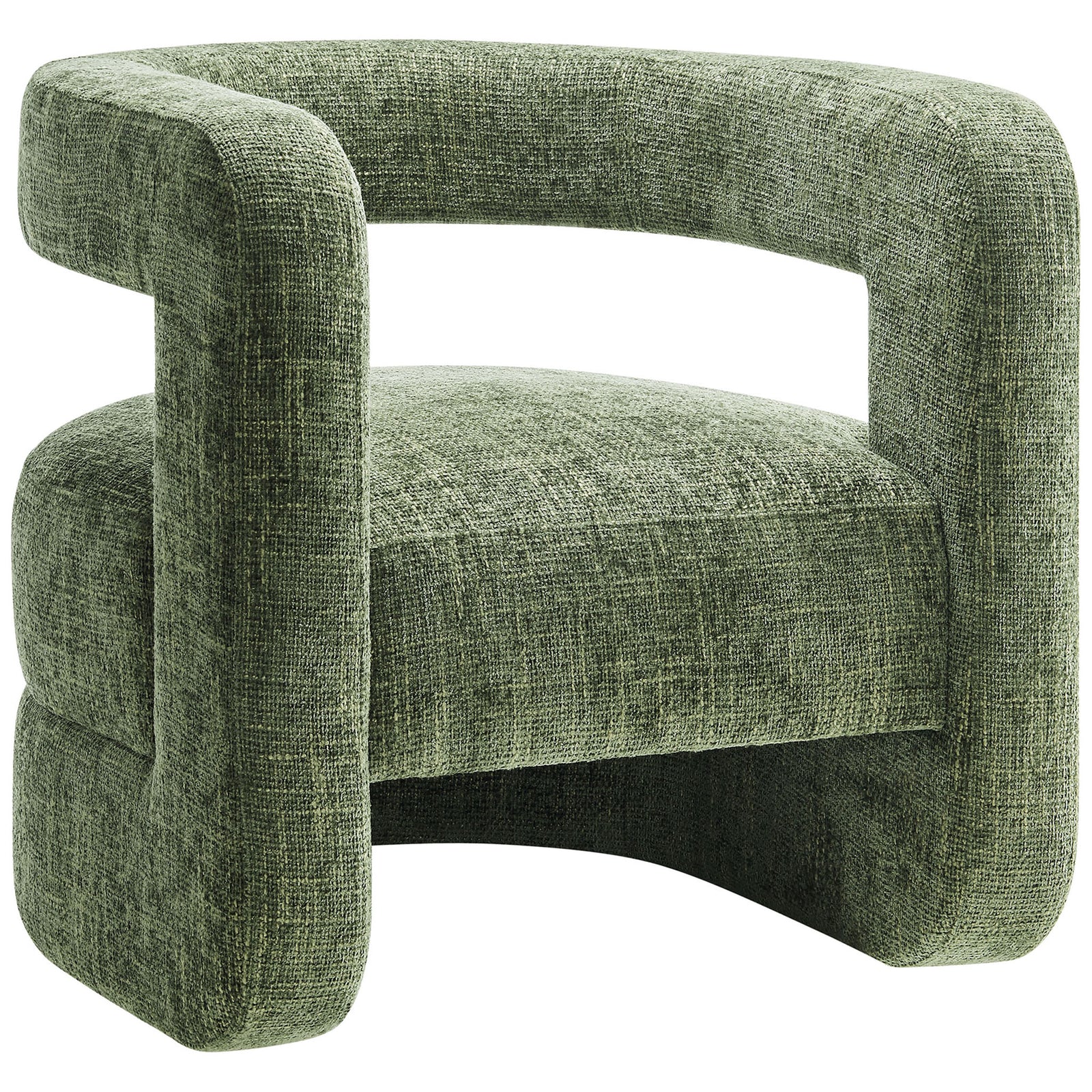 Barrel-back club chair wrapped in soft chenille, showcasing thick rounded arms and sculptural silhouette || EEI-6991-BAS || front_angle_studio