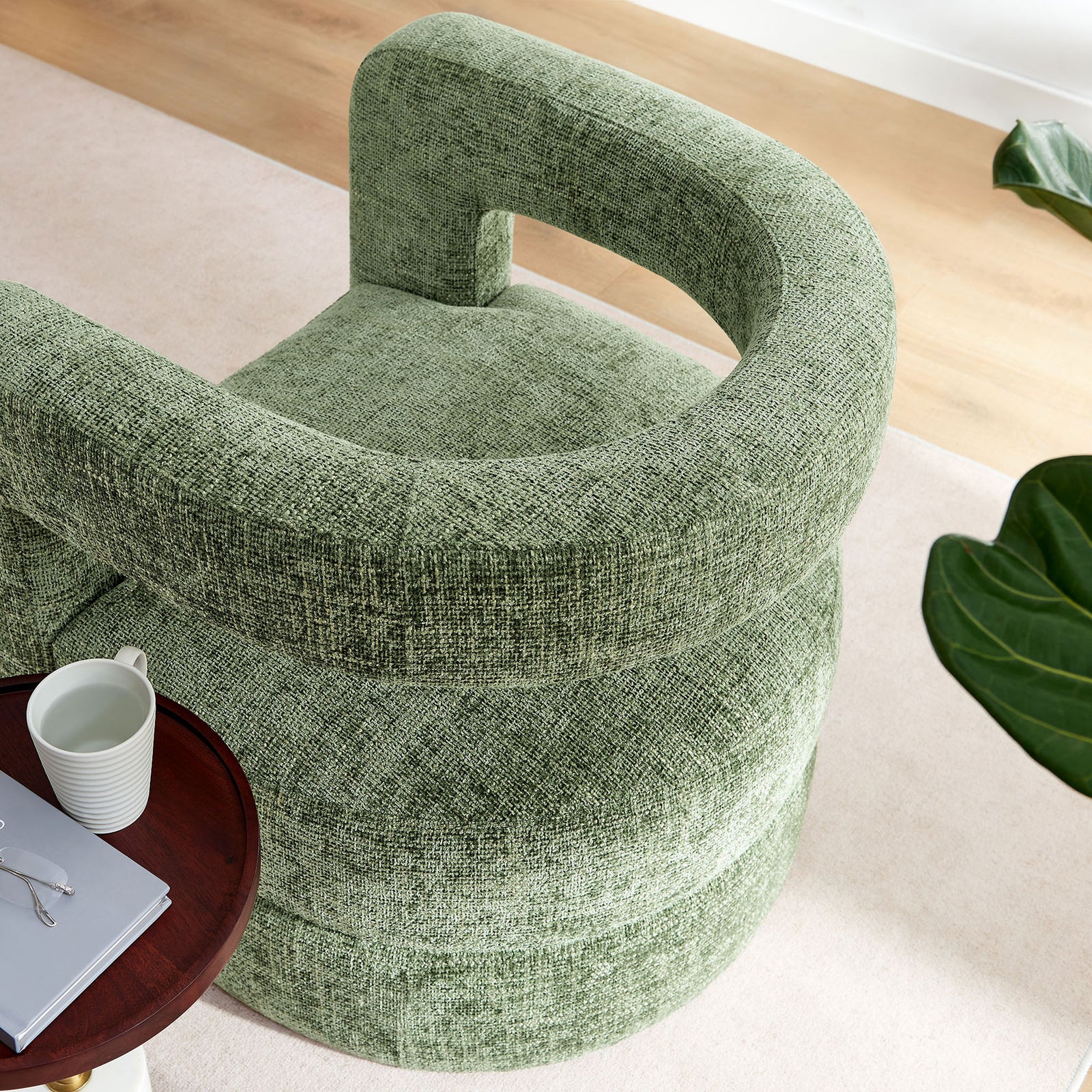 Soft chenille surface and rounded contours invite relaxation and complement contemporary decor || EEI-6991-BAS || detail_room