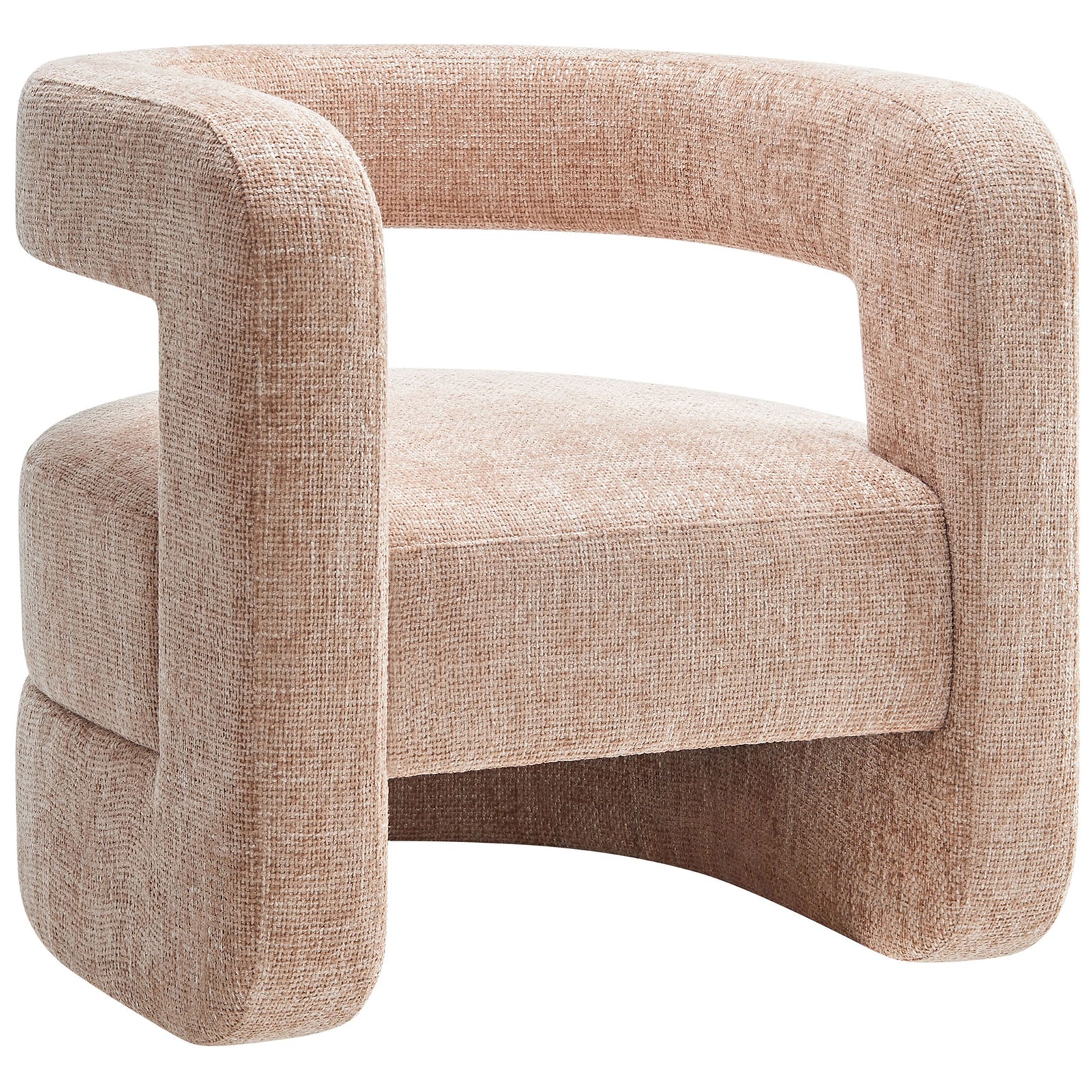 Curved chenille chair with plush round seat, open back, and U-shaped arms in blush. || EEI-6991-BLS || front_angle_studio