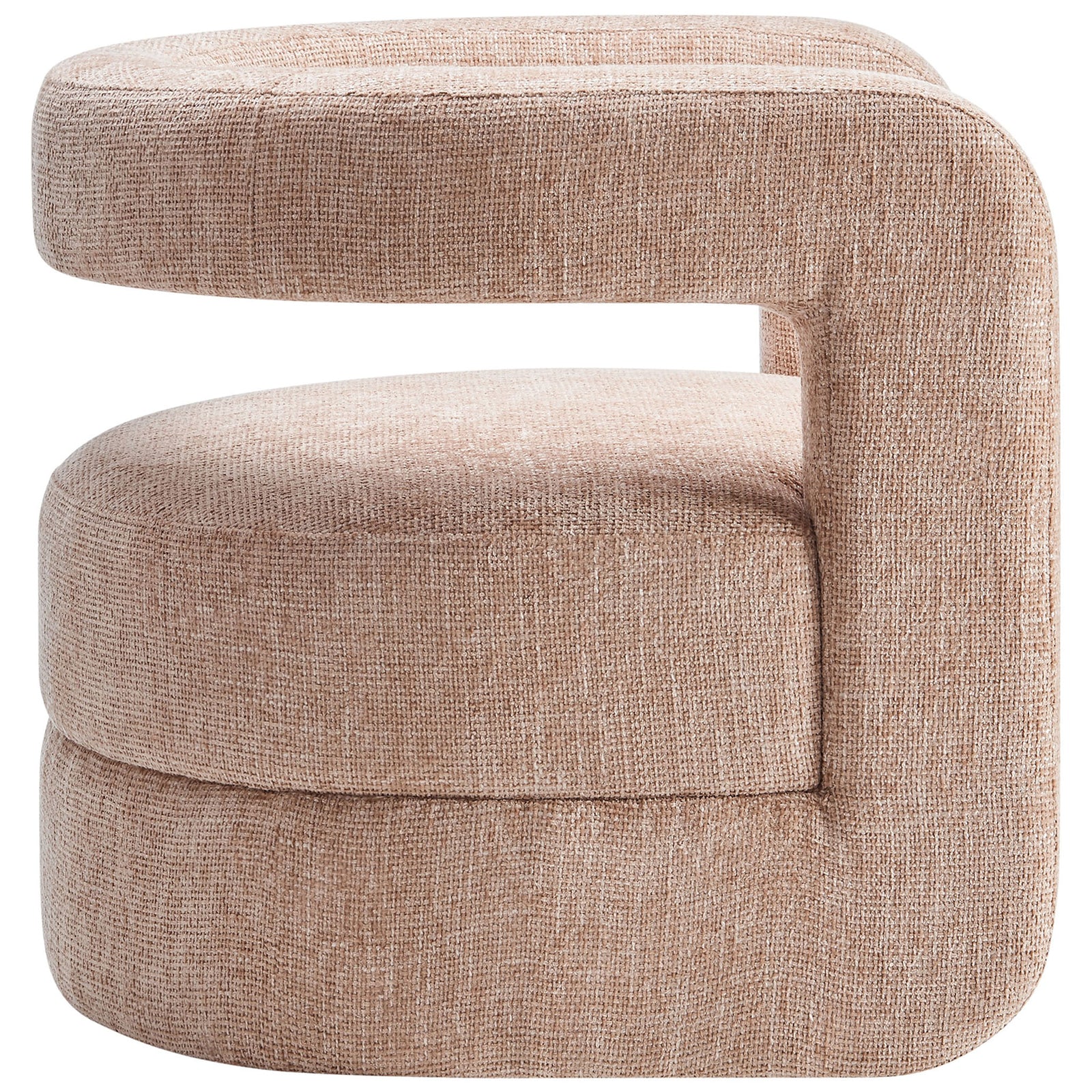 Rounded barrel-back design with thick arms and textured chenille upholstery. || EEI-6991-BLS || side_studio
