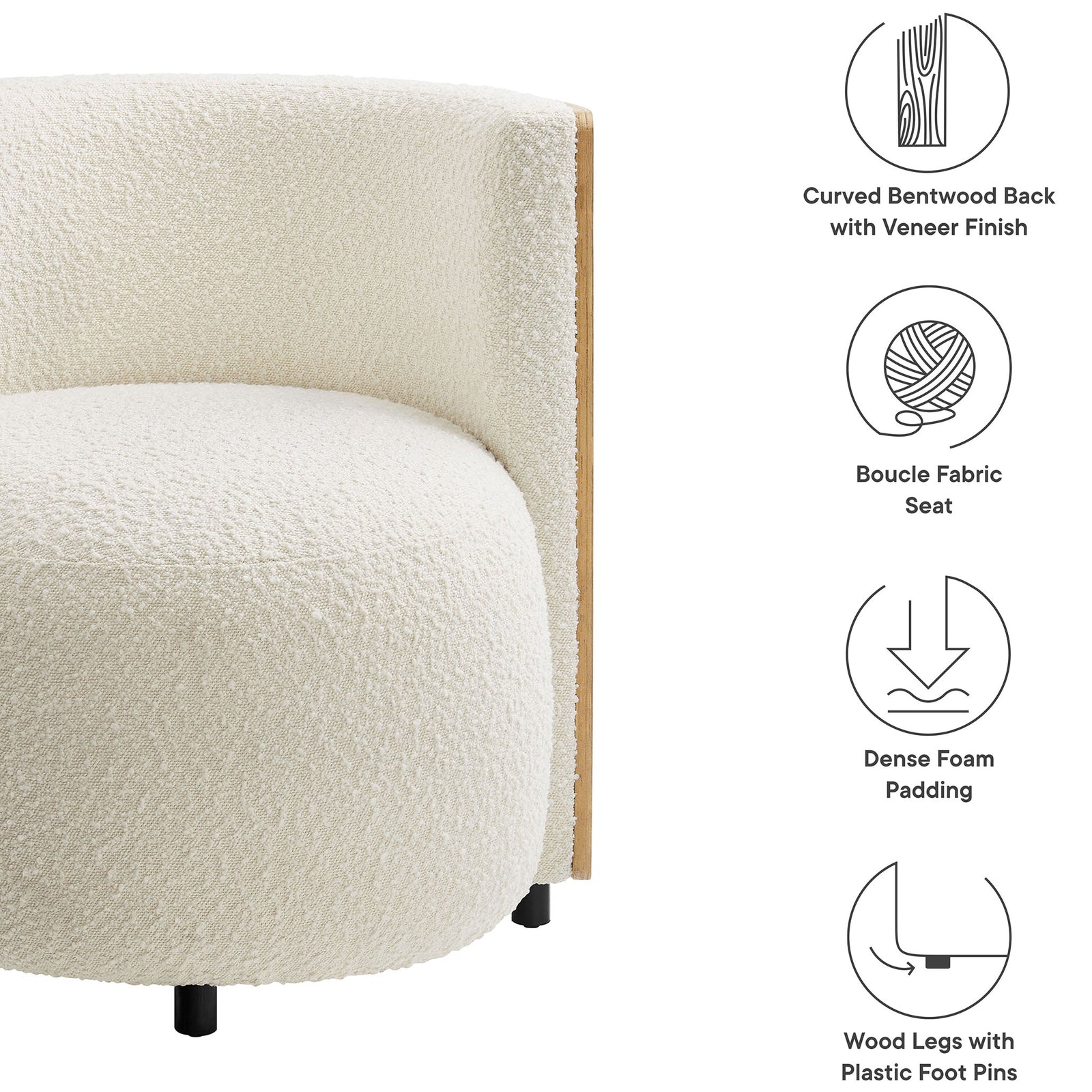 Features: curved bentwood back, dense foam padding, boucle seat, and protective foot pins || EEI-6994-NAT-IVO || callout_studio