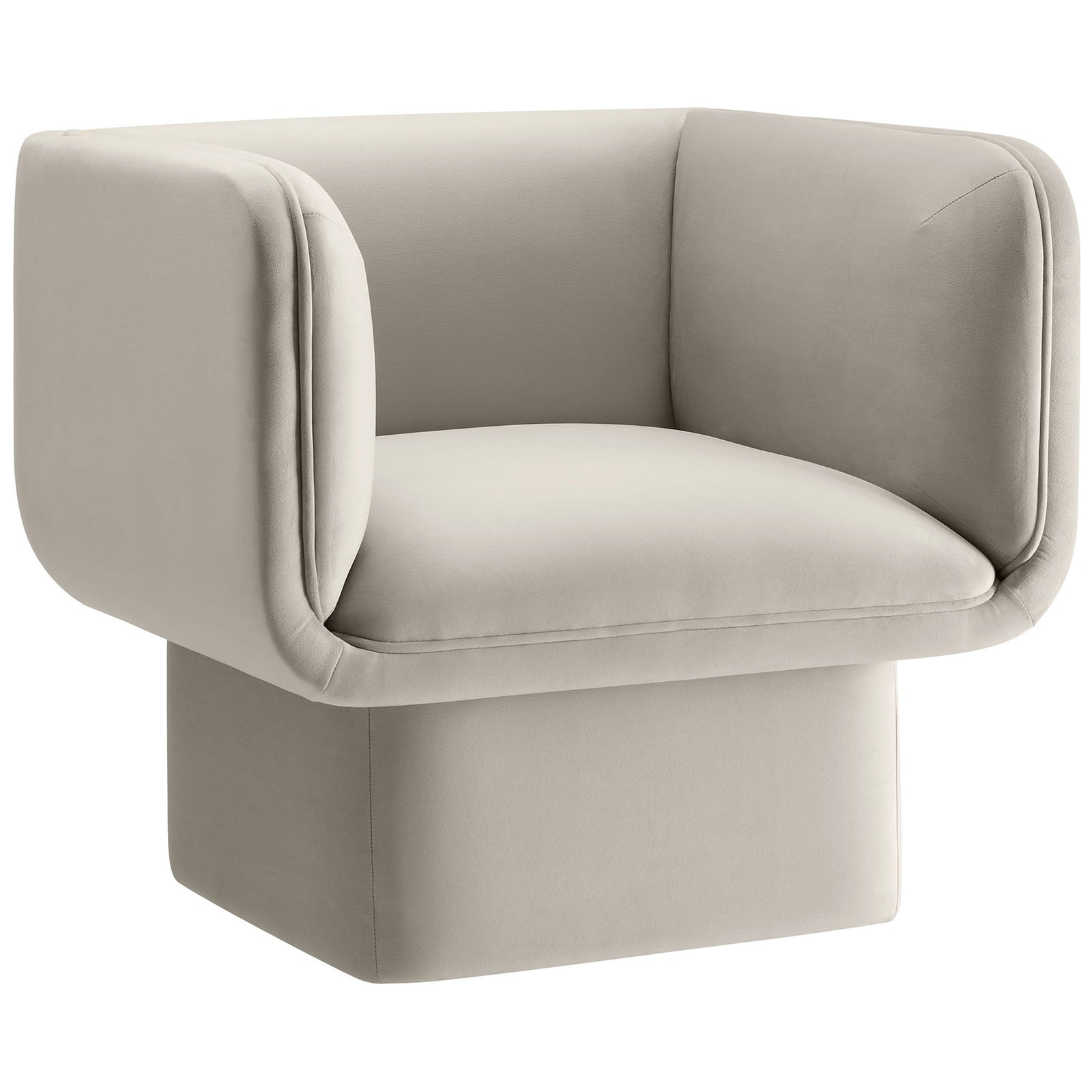 Modern square-arm velvet chair in soft almond with tailored French piping and inviting, lounge-ready seat || EEI-6995-ALM || front_angle_studio