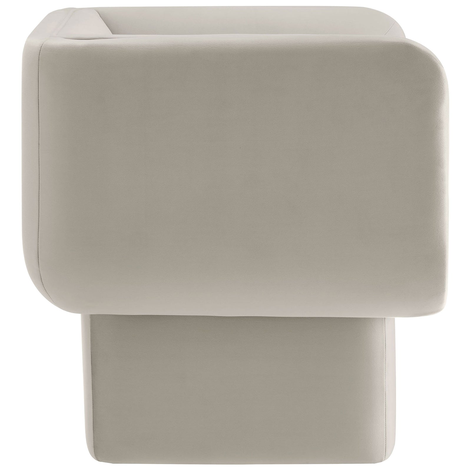 Streamlined silhouette showcases thick, cushioned arms and smooth almond velvet for a cozy modern profile || EEI-6995-ALM || side_studio