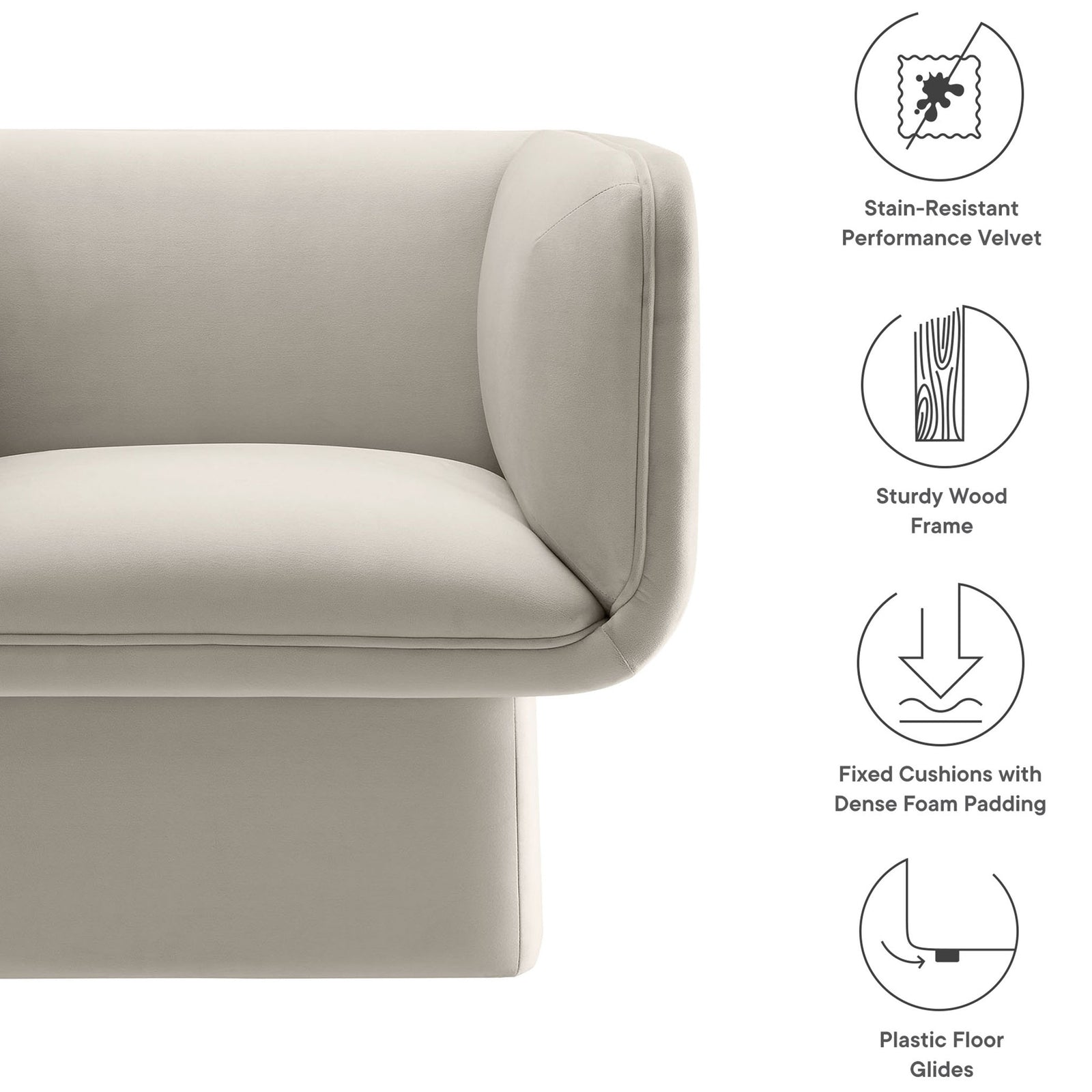 Key features include stain-resistant velvet, dense foam cushions, sturdy wood frame, and floor glides || EEI-6995-ALM || callout_studio