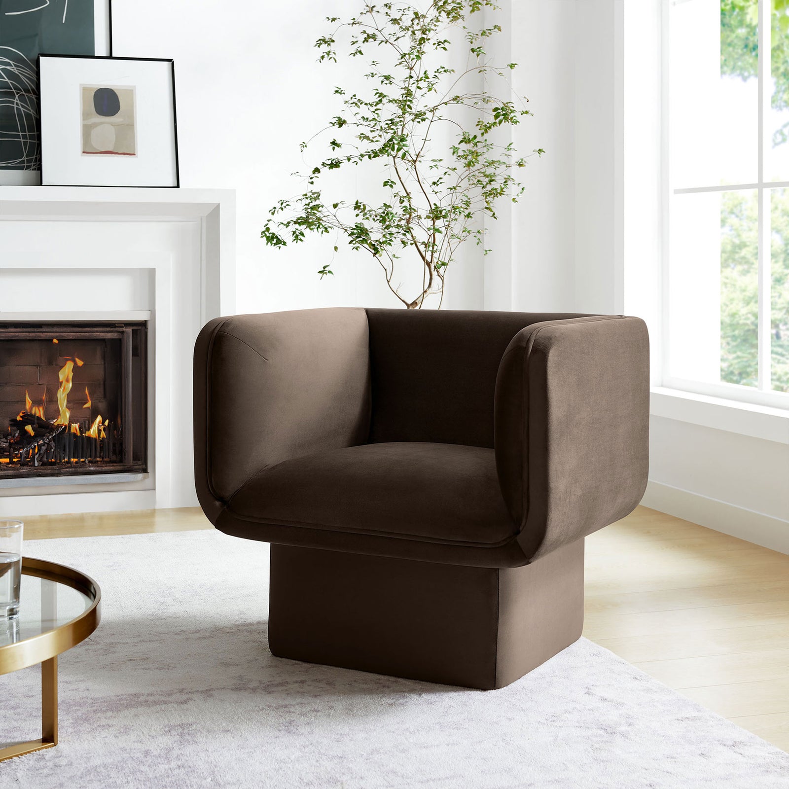 Inviting velvet chair brings warm chocolate tones and plush support to any living space || EEI-6995-CHB || front_angle_room