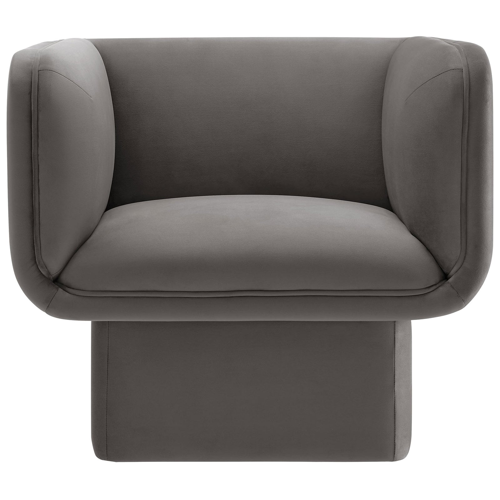 Sculptural accent chair with plush performance velvet and tailored piping on a modern plinth base || EEI-6995-STG || front_studio