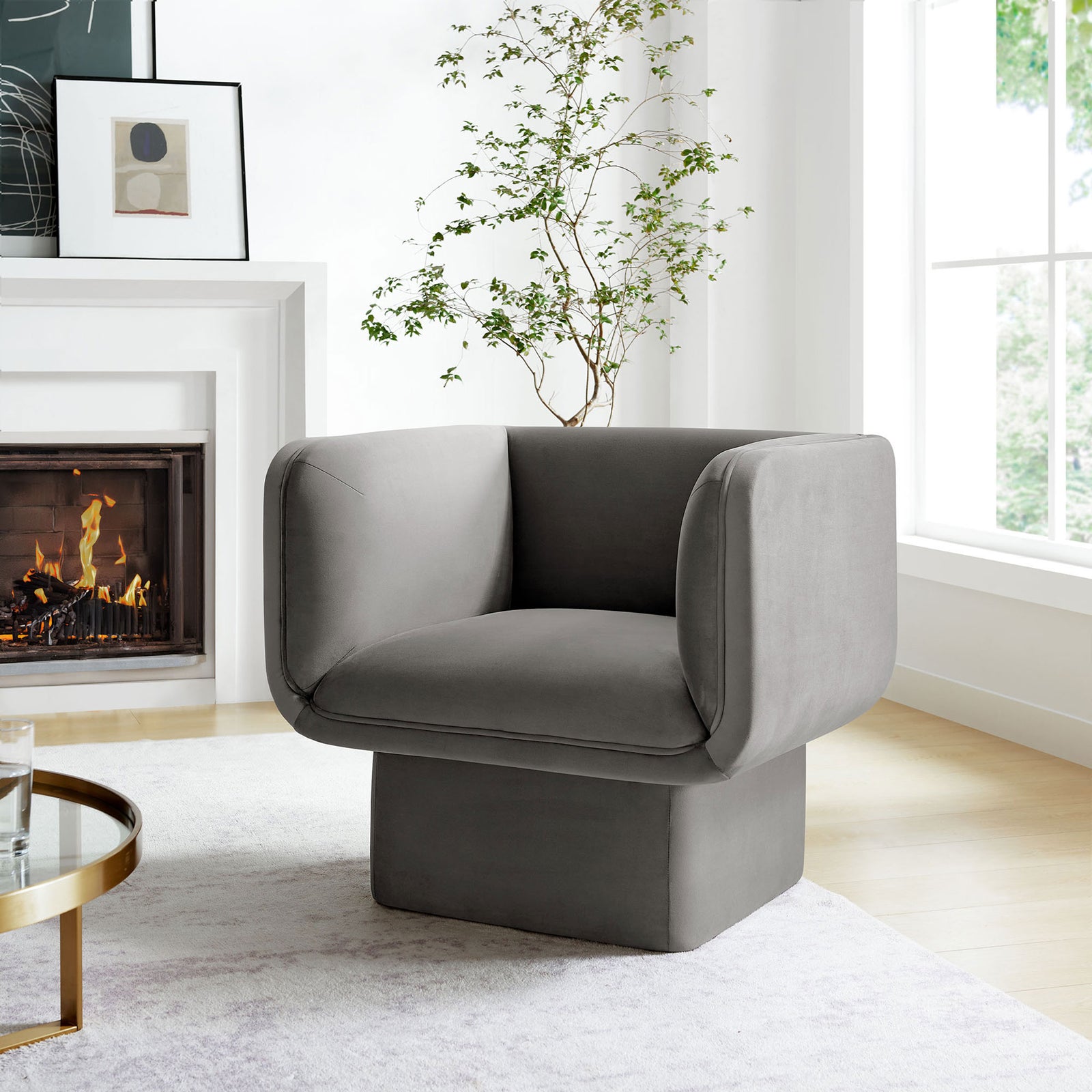 Inviting modern accent chair elevates the living room with plush velvet and sculpted lines || EEI-6995-STG || front_room