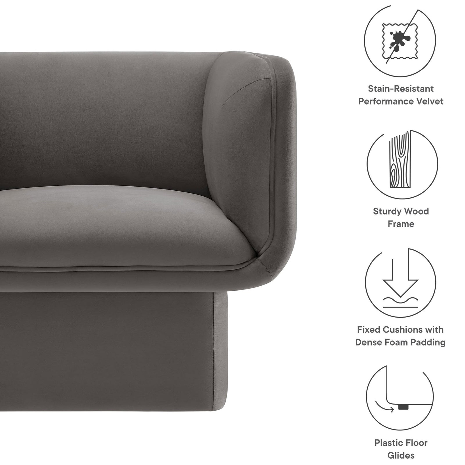 Performance velvet, dense foam cushions, sturdy wood frame, and floor glides for everyday comfort || EEI-6995-STG || callout_studio