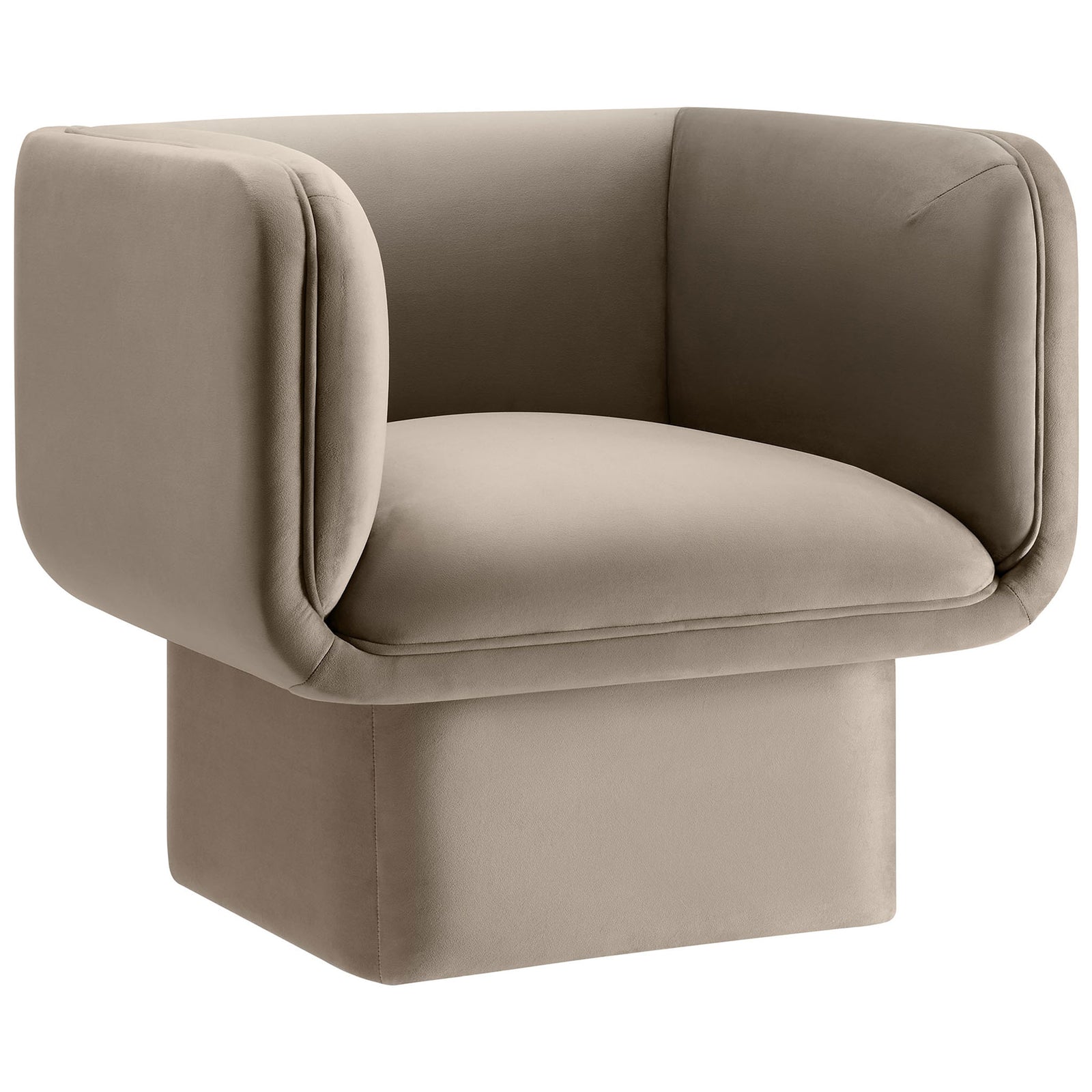 Sculptural square-arm silhouette in performance velvet offers modern polish and inviting comfort. || EEI-6995-TAU || front_angle_studio