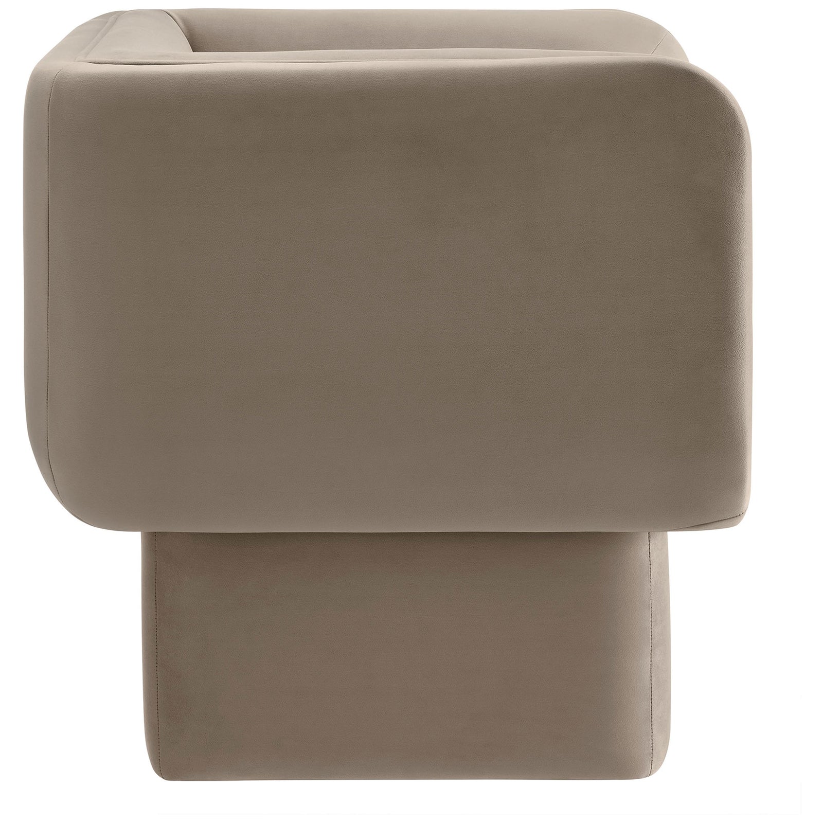 Thickly padded arms and clean piping define a bold profile in soft taupe performance velvet. || EEI-6995-TAU || side_studio